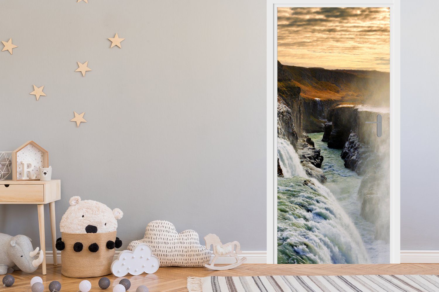 für in Tür, bedruckt, cm am Sonnenuntergang Gullfoss-Wasserfall MuchoWow Türaufkleber, Matt, Türtapete 75x205 (1 St), Fototapete Island,