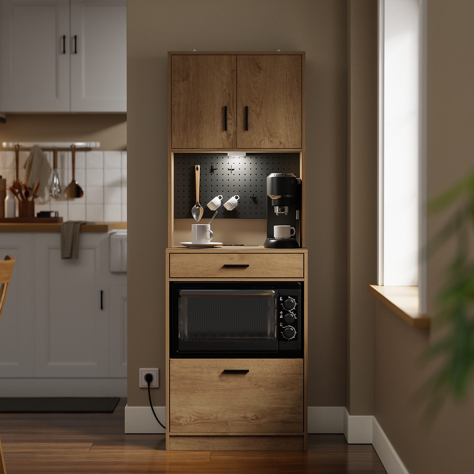 SoBuy Sideboard FSB98-E, Küchenschrank mit Steckdose, Buffetschrank mit Sensorleuchte, Mikrowellenschrank mit 2 USB-Anschlüssen für Küche und Kaffeebar
