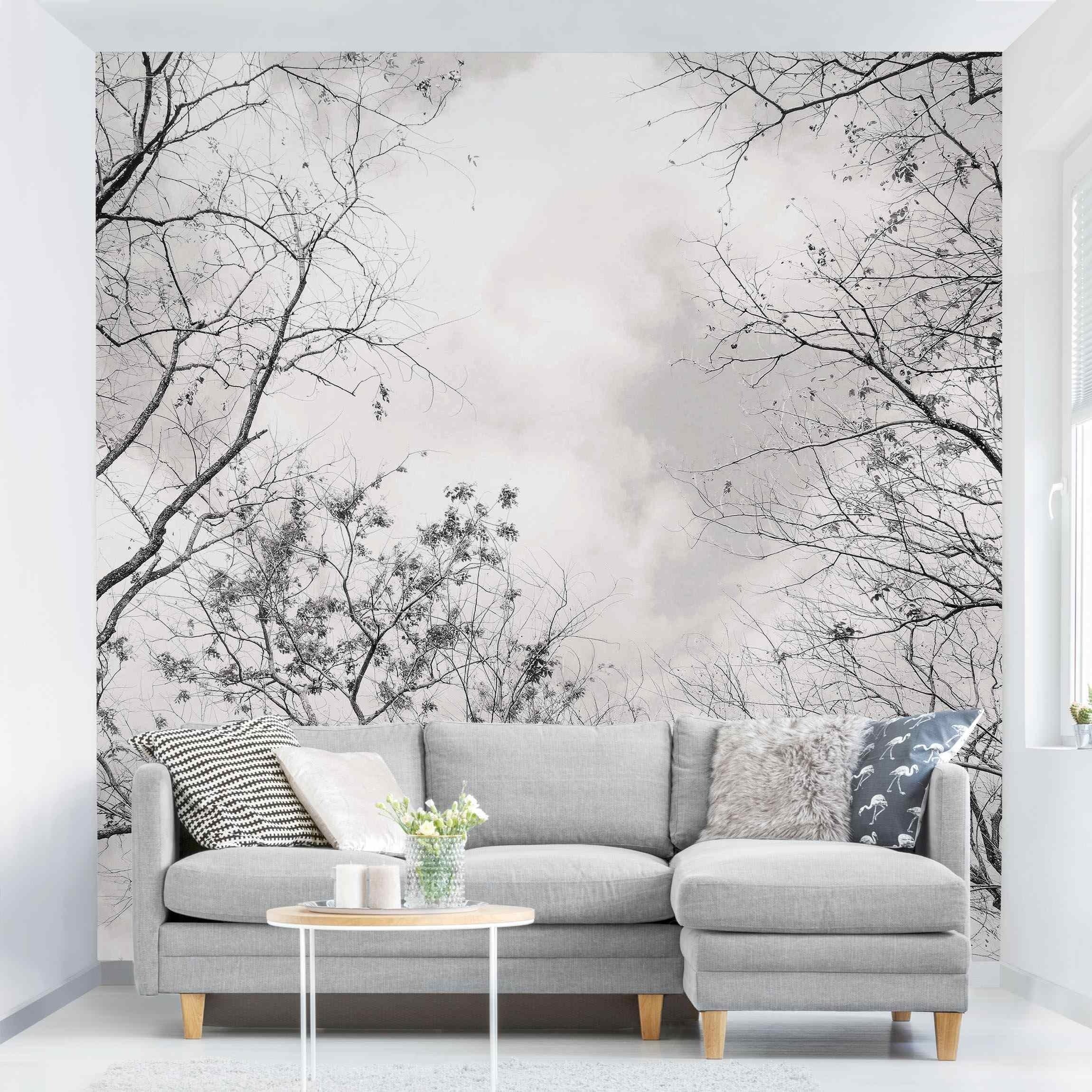 Bilderdepot24 Fototapete Wald Baumkronen Himmel Warmgrau Natur Landschaft Waldtapete Bäume, Glatt, Matt, (Vliestapete inkl. Kleister oder selbstklebend), Wohnzimmer Schlafzimmer Küche Flur Motivtapete Vliestapete Wandtapete