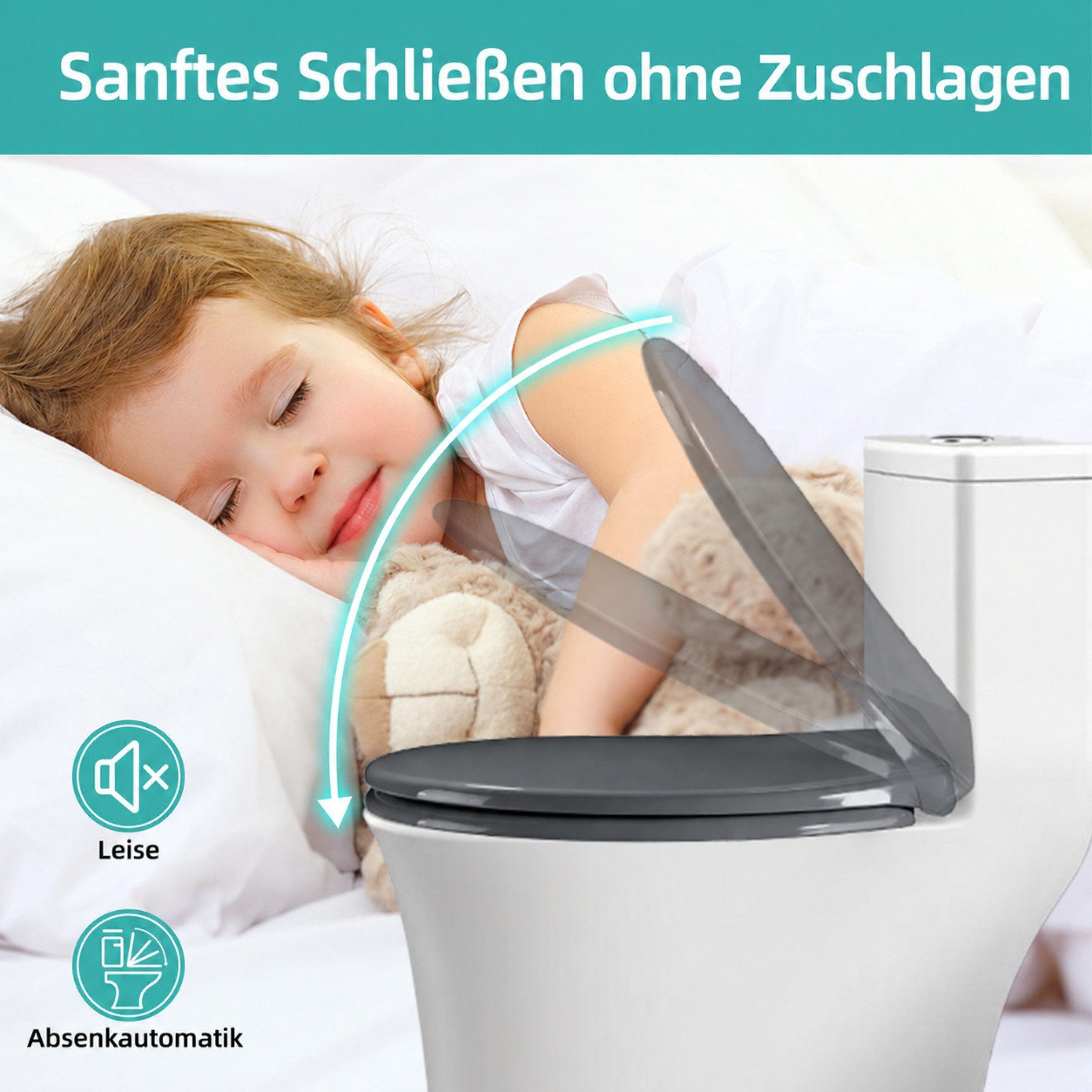 Blossom WC-Sitz Toilettendeckel mit Absenkautomatik, Quick Release, antibakteriell (WC Sitz mit Absenkautomatik, 360° verstellbare Scharniere), Toilettensitz für D-Form, O-Form & eckige WC-Becken, bis 150 kg