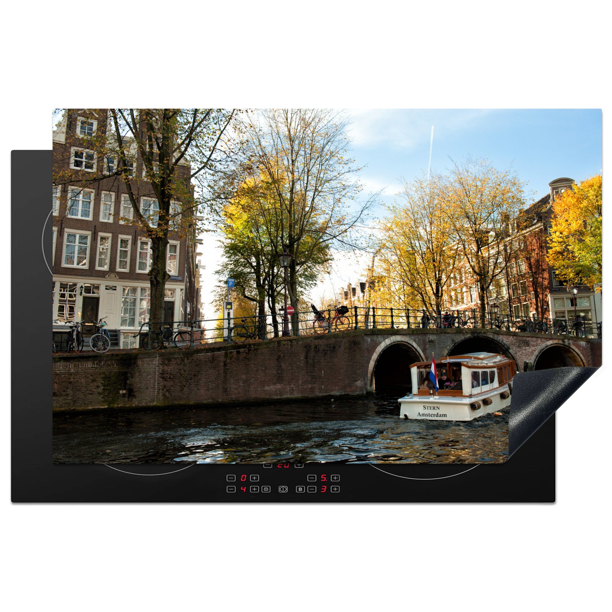 MuchoWow Herdblende-/Abdeckplatte Amsterdam Wasser, - Boot (1 die küche, tlg), - Ceranfeldabdeckung für Vinyl, 81x52 Schutz cm, Induktionskochfeld