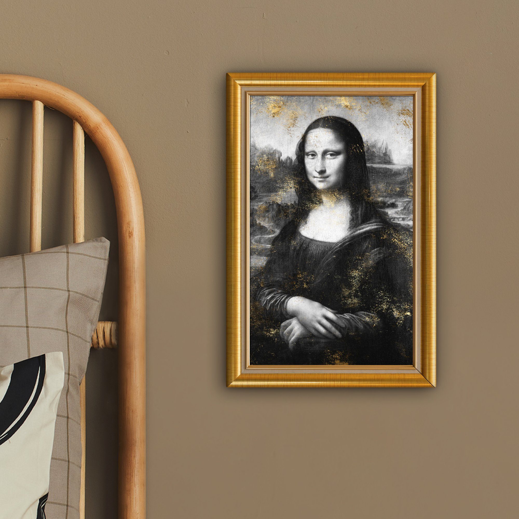 OneMillionCanvasses® Leinwandbild Mona Lisa - cm inkl. bespannt Vinci 20x30 Rahmen, fertig Leinwandbild St), Zackenaufhänger, (1 - Gemälde, Gold Da 
