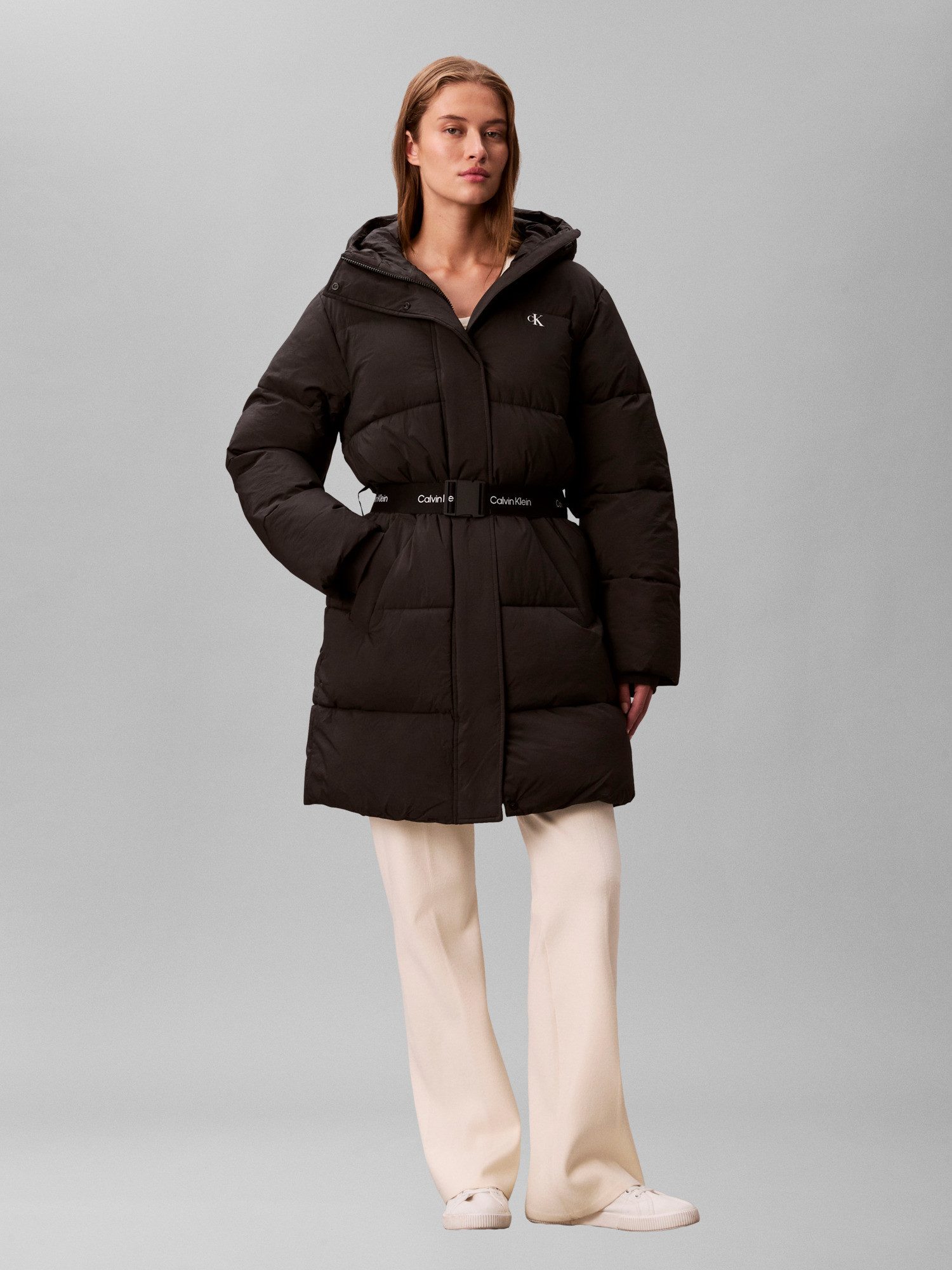 Calvin Klein Jeans Steppmantel BELTED MIDWEIGHT LONG PUFFER Mit Rundhalsausschnitt, regular fit