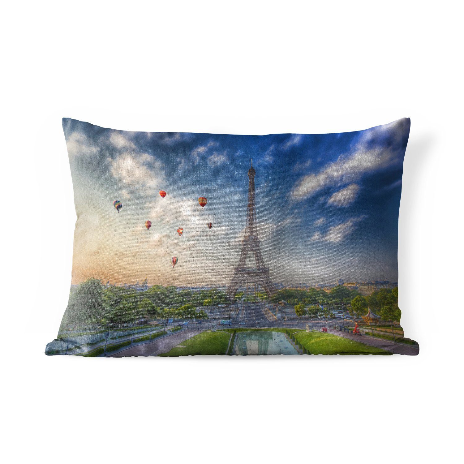 MuchoWow Dekokissen Der Eiffelturm mit Heißluftballons im Hintergrund über Paris, Outdoor-Dekorationskissen, Polyester, Dekokissenbezug, Kissenhülle