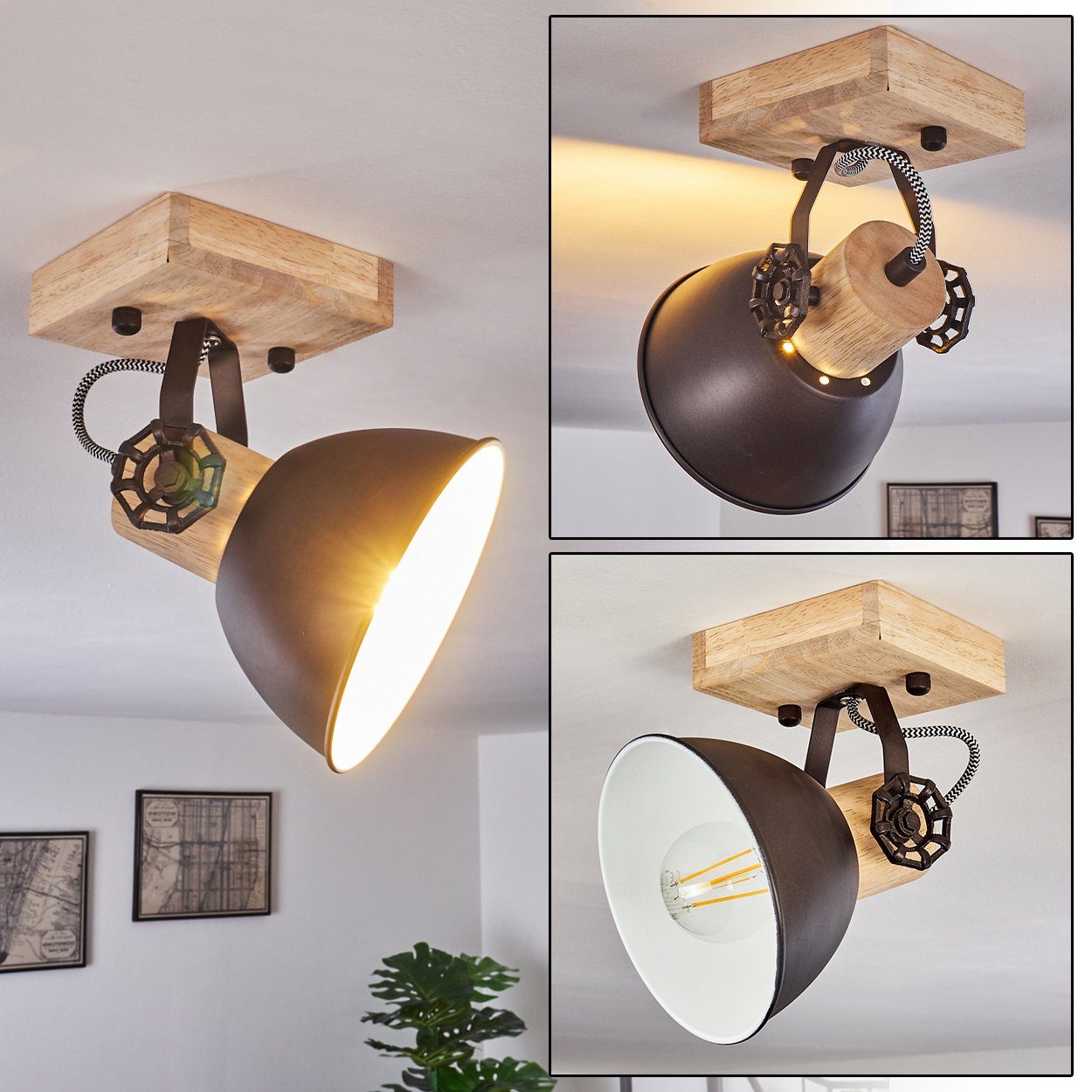 hofstein Deckenleuchte »Cotes« verstellbare Wandlampe aus Metall/Holz in Anthrazit/Weiß/Braun, ohne Leuchtmittel, 1xE27, Wandspot im Retro/Vintage Design