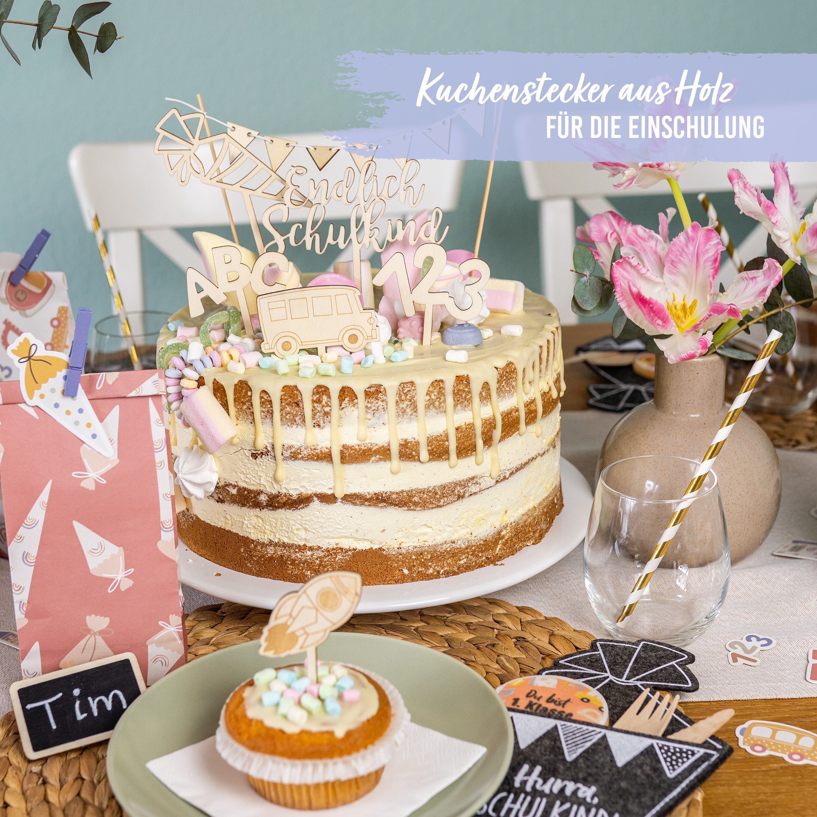 PAPIERDRACHEN Tortenstecker Kuchenstecker aus Holz zur Einschulung, Einschulung - Erste Klasse - Einschulungsparty