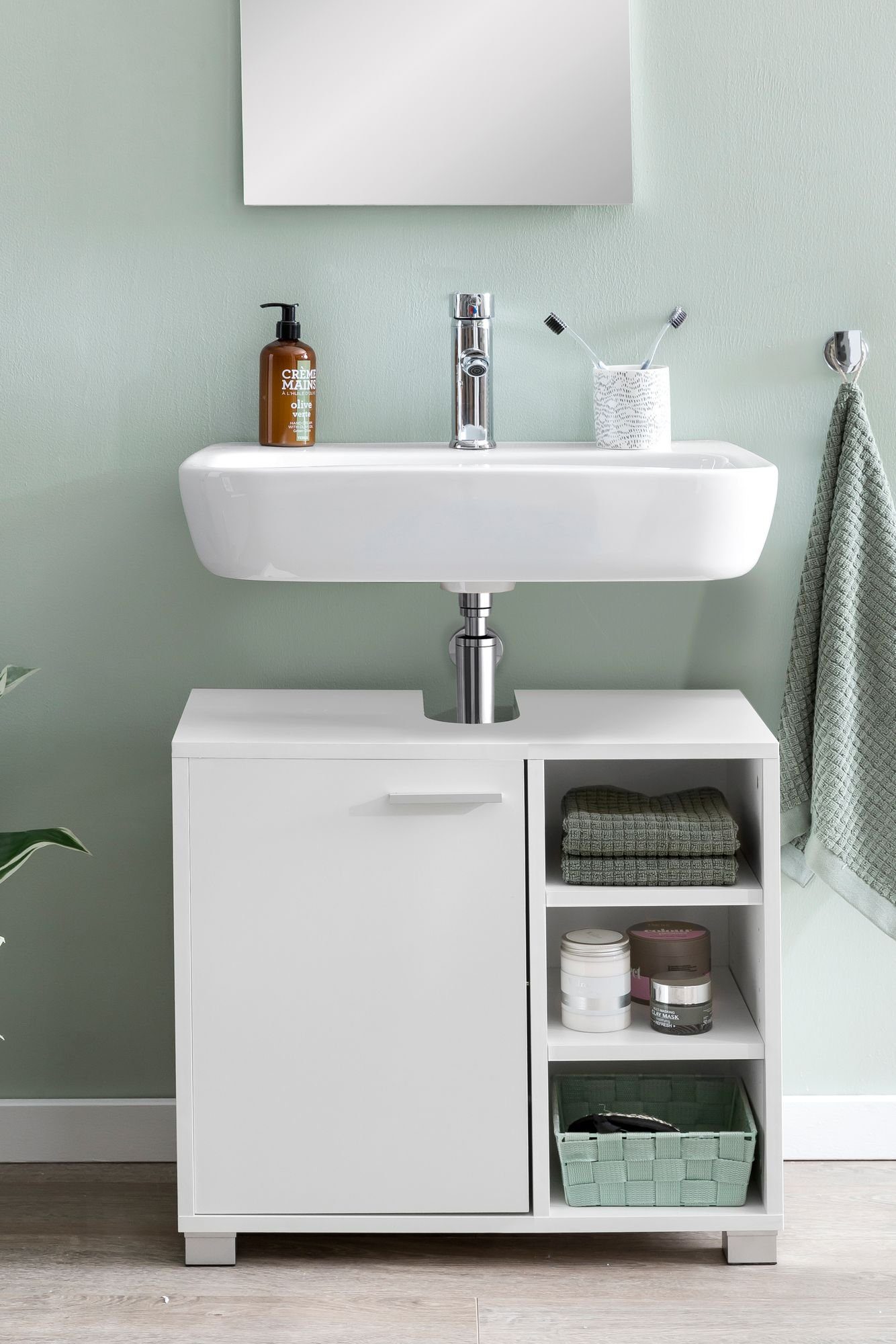 Wohnling Waschbeckenunterschrank WL5.341 Regal (60x55x32cm Tür, mit Waschtischunterschrank Weiß und Tür, mit Unterschrank) Badschrank Badmöbel