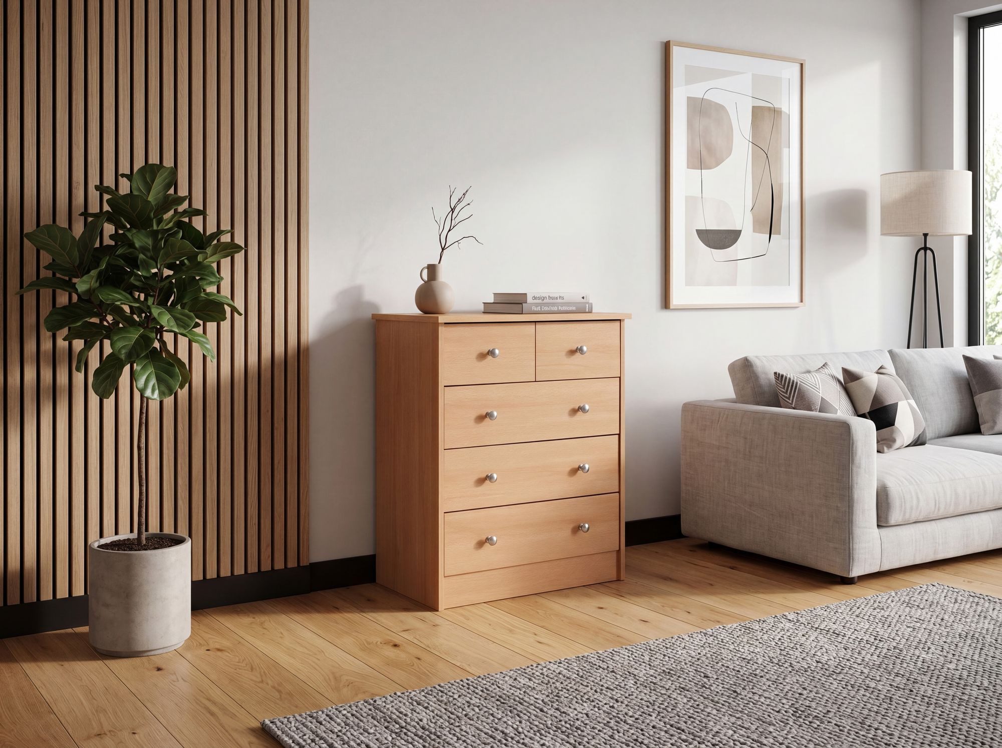FineBuy Design Holz-Kommode 60 x 70 x 35 cm mit 5 Schubladen, Mehrzweckanrichte flach für Flur, Modernes Sideboard zeitlose Anrichte – Bild 5 von 5