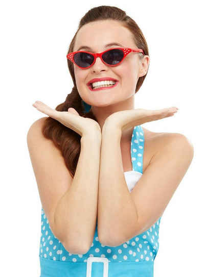 Smiffys Kostüm Rockabilly Cateye Brille rot, 50er Jahre Sonnenbrille mit Strasssteinchen