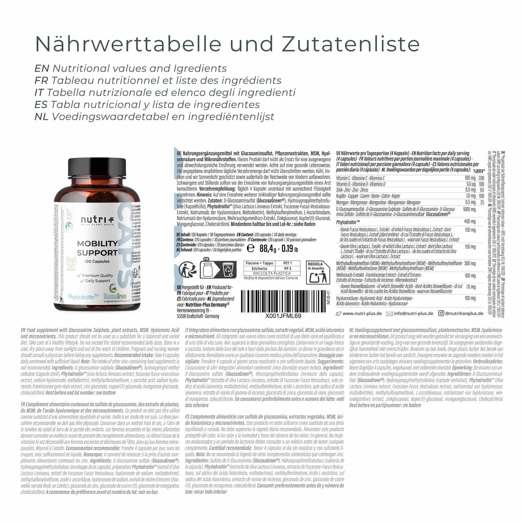 nutri+ Mobility Support Gelenk Kapseln mit Glucosamin + Chondroitin Kapseln