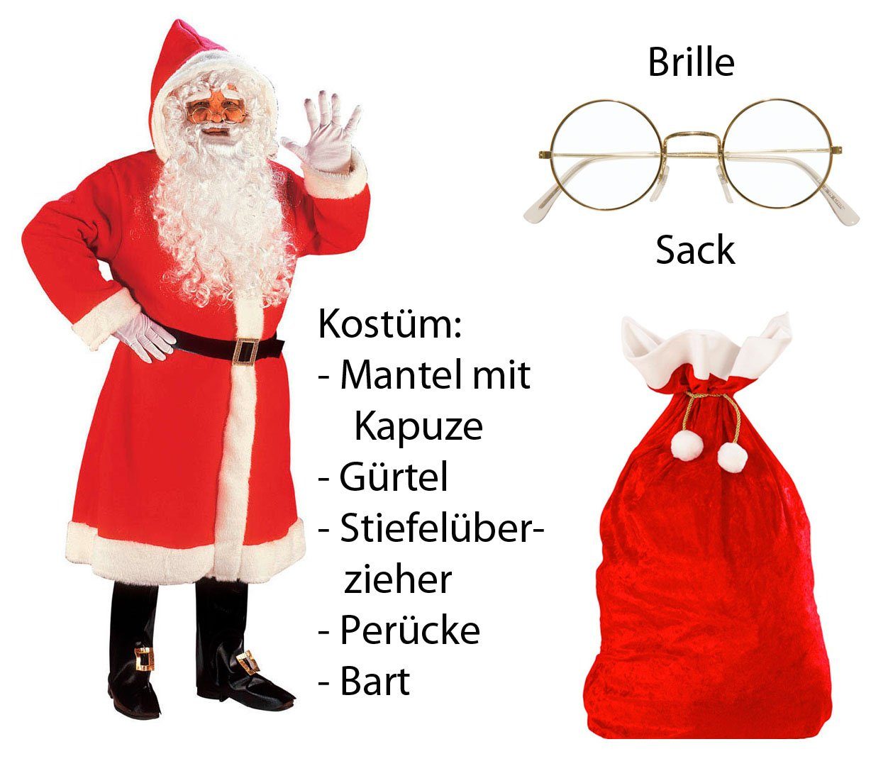 Scherzwelt Weihnachtsmann Luxus Weihnachtmann Mantel mit Perücke, Bart, ...M/L - Set mit Sack + Brille, Weihnachtsmannkostüm, Weihnachtskostüm, Weihnachtsmann | Weihnachtsmänner