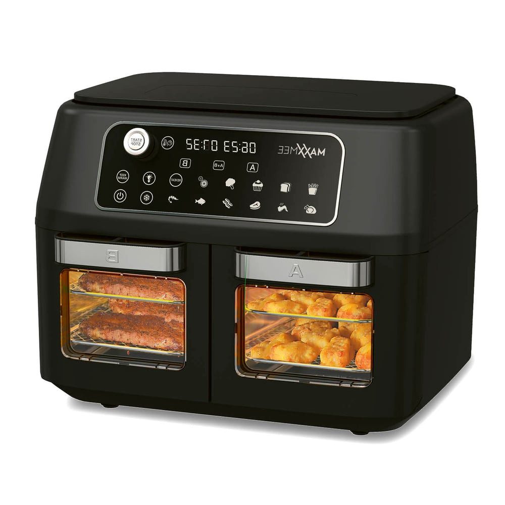 MAXXMEE Heißluftfritteuse Doppelkammer 11L 2 x 5,5l digitale Bedienung & Sichtfenster, 2400 W, besonders fettarm