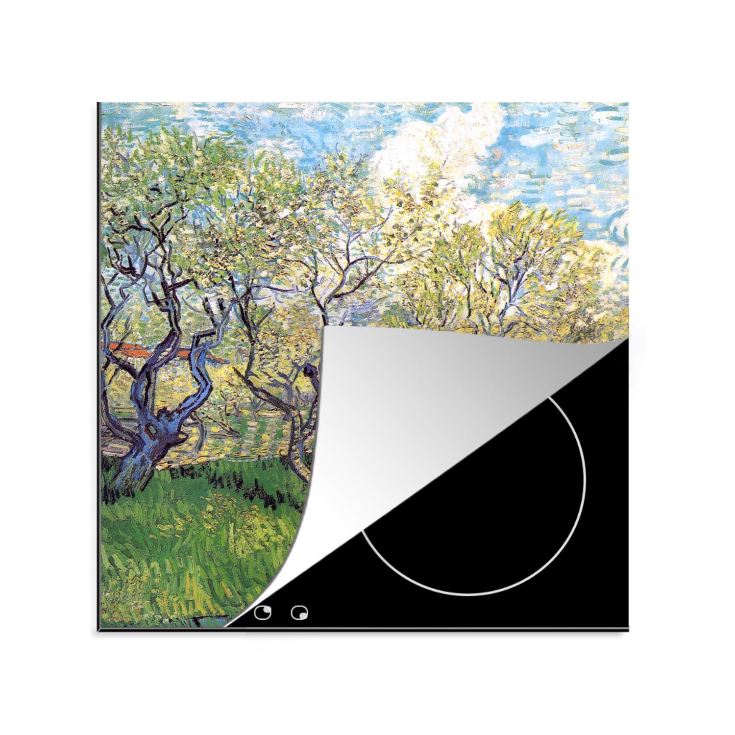 MuchoWow Herdblende-/Abdeckplatte Obstgarten mit blühenden Pflaumen - Gemälde von Vincent van Gogh, Vinyl, (1 tlg), 78x78 cm, Ceranfeldabdeckung, Arbeitsplatte für küche
