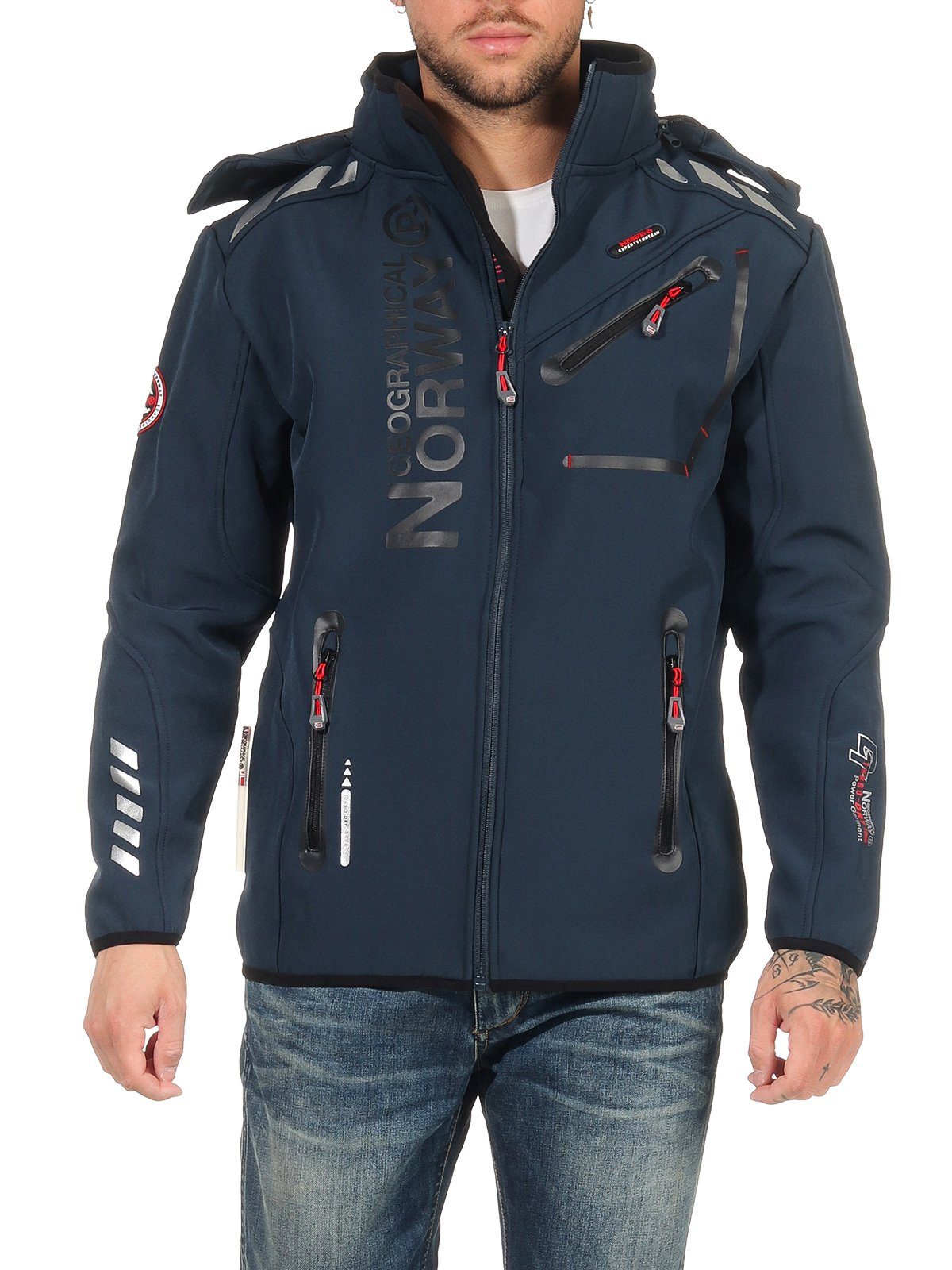 Geographical Norway Softshelljacke Geographical Norway Herren Softshelljacke G-River by leyoley mit abnehmbarer Kapuze, Windbreaker, Übergangsjacke, Wander Sport Jacke Navy / Schwarz