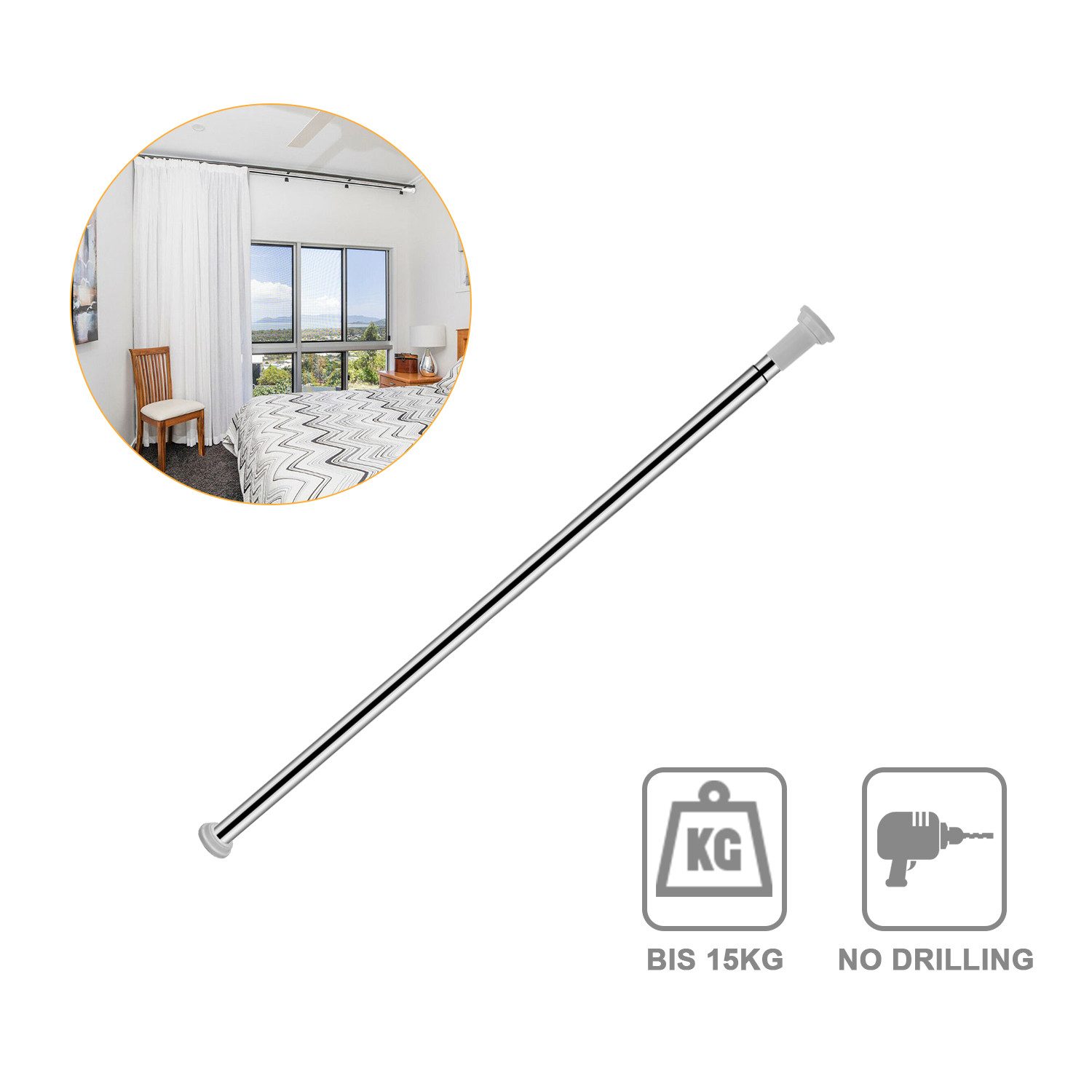 Clanmacy Duschvorhangstange Edelstahl Teleskopstange Gardinen Verstellbar Spannstange 70-260, Ø 2.5 mm, Edelstahl – Bild 3 von 5