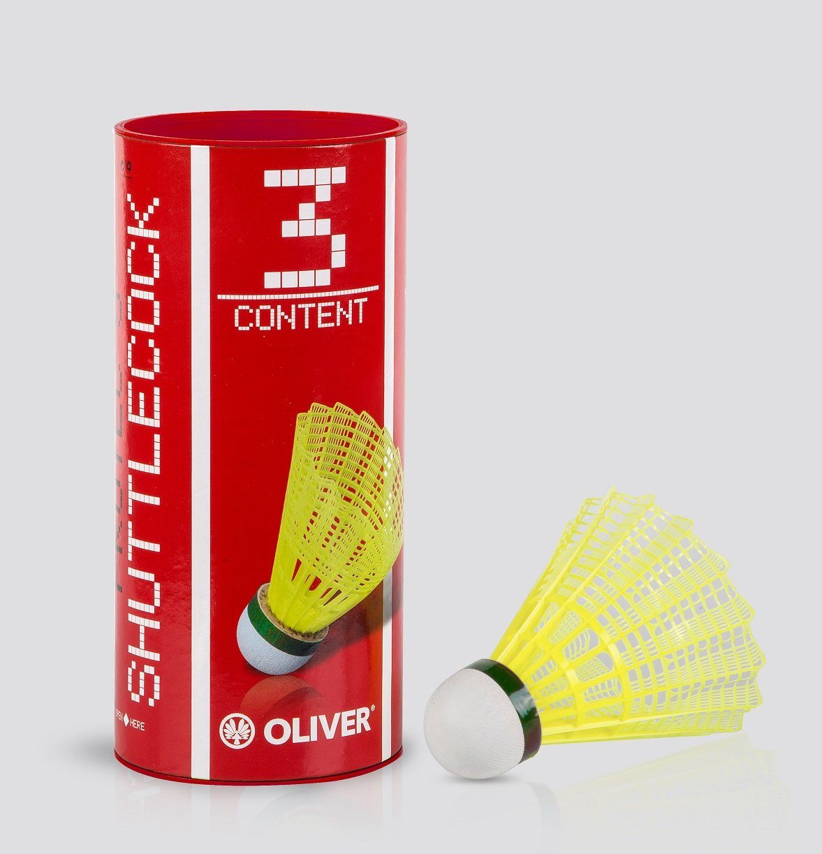 Oliver Badmintonball Pro-Tec 5 Nylon/Korkfuß gelb Dose 3er, Geschwindigkeit: mittel