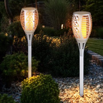 Globo LED Solarleuchte, Leuchtmittel inklusive, Warmweiß, 2x Gartendeko Solarlampe Außenleuchte LED Flammeneffekt silber H 58 cm