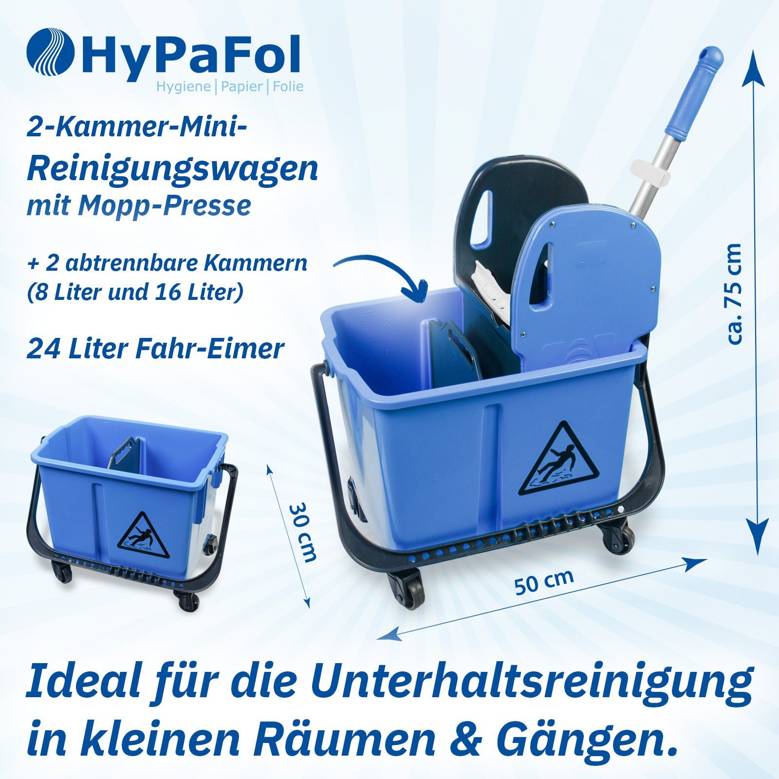 24l Trennwand) Hypafol Mopp-Presse, mit (mit Eimer 2-Kammer-Mini-Reinigungsfahrwagen Putzwagen mit