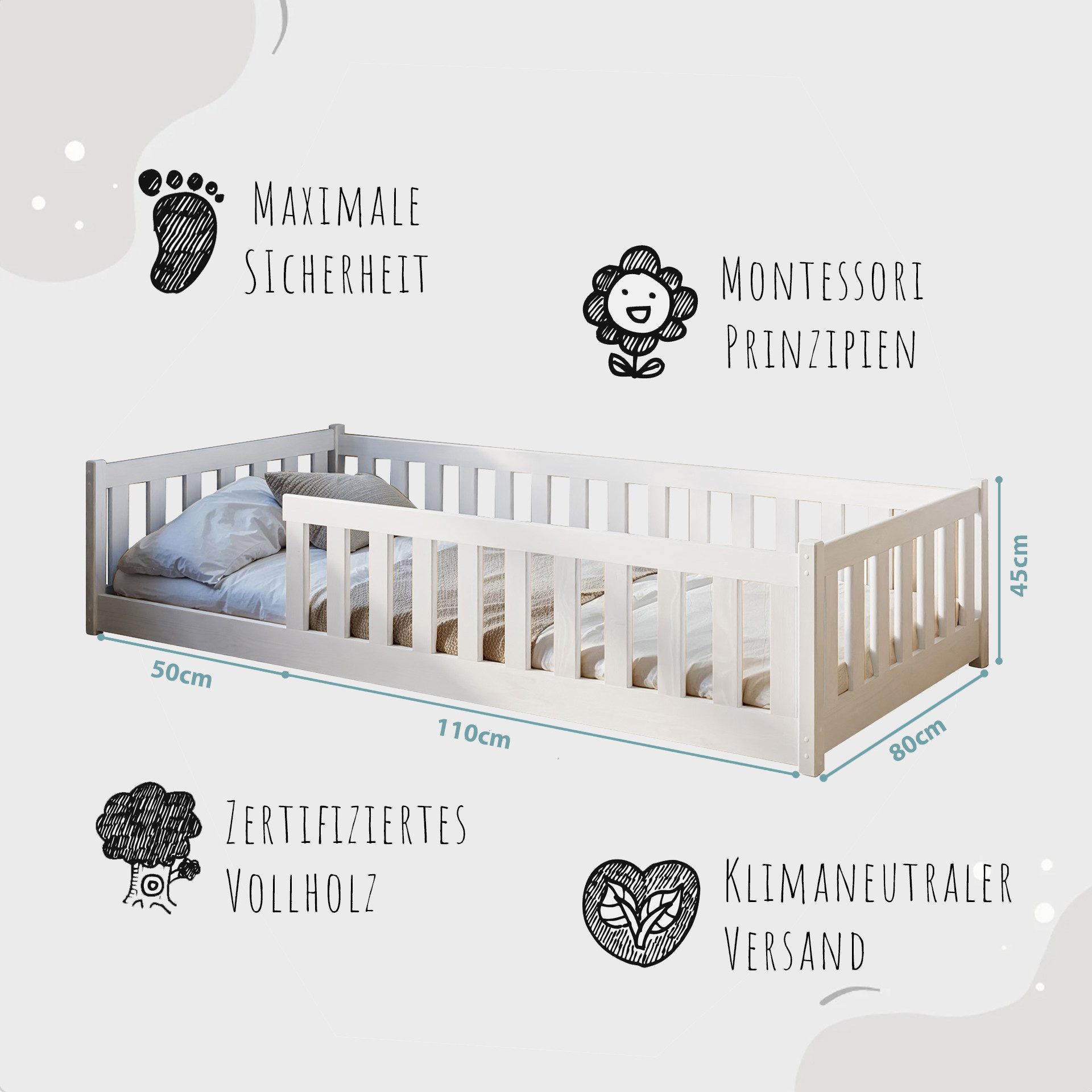 Kids Collective Kinderbett Bodenbett Bett mit Rausfallschutz & Lattenrost Montessori Bett Kinder (weitere Größen 90x200, 120x200, 140x200 cm), Jugendbett Einzelbett optional mit Matratze, weiß Kiefer 80 x 160 cm