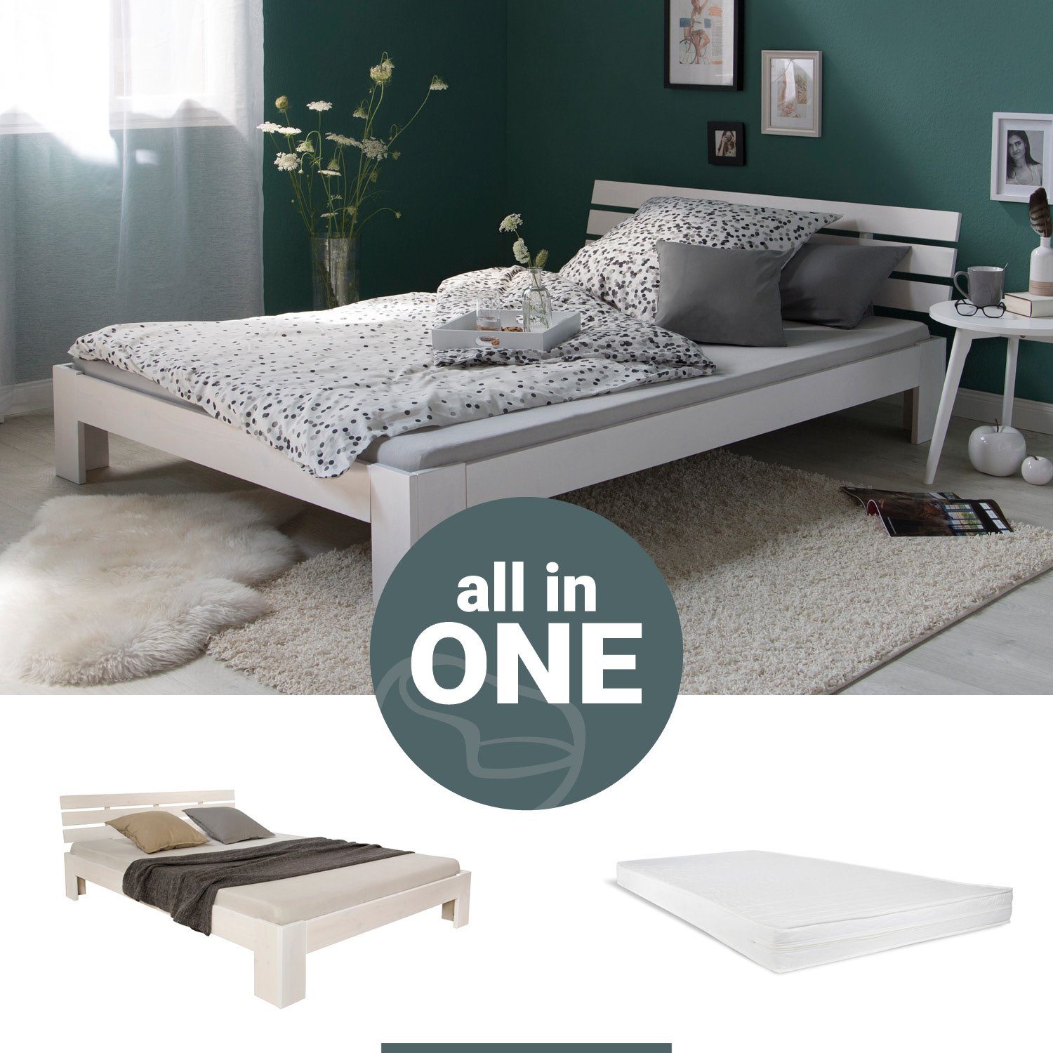 Homestyle4u Holzbett Doppelbett mit Matratze Lattenrost 120x200 cm Bett,  massives Kiefernholz, weiß lackiert