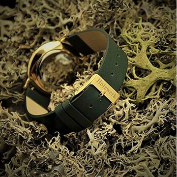 Holzwerk Quarzuhr JENA kleine Damen Edelstahl & Leder Holz Armband Uhr, grün, gold, weiß