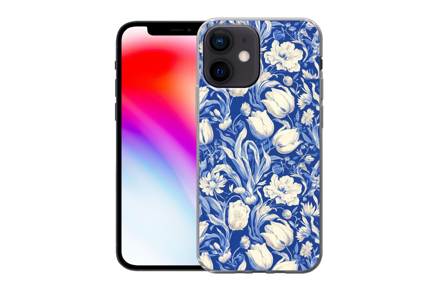 MuchoWow Handyhülle für Apple iPhone 12 Mini Blumen - Delfter Blau - Muster - Tulpe, Smartphone-Bumper, Print, Handy Schutzhülle Dünn