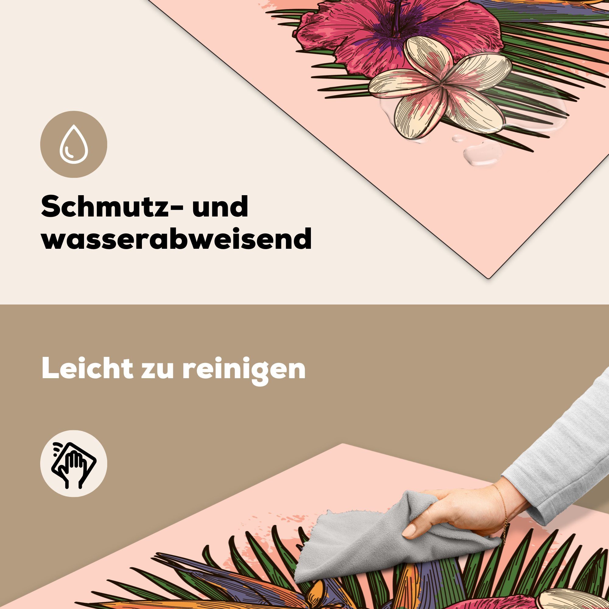 - Herdblende-/Abdeckplatte Blumen - cm, Vinyl, für Ceranfeldabdeckung, (1 78x78 Tropisch Arbeitsplatte tlg), MuchoWow küche Rosa,