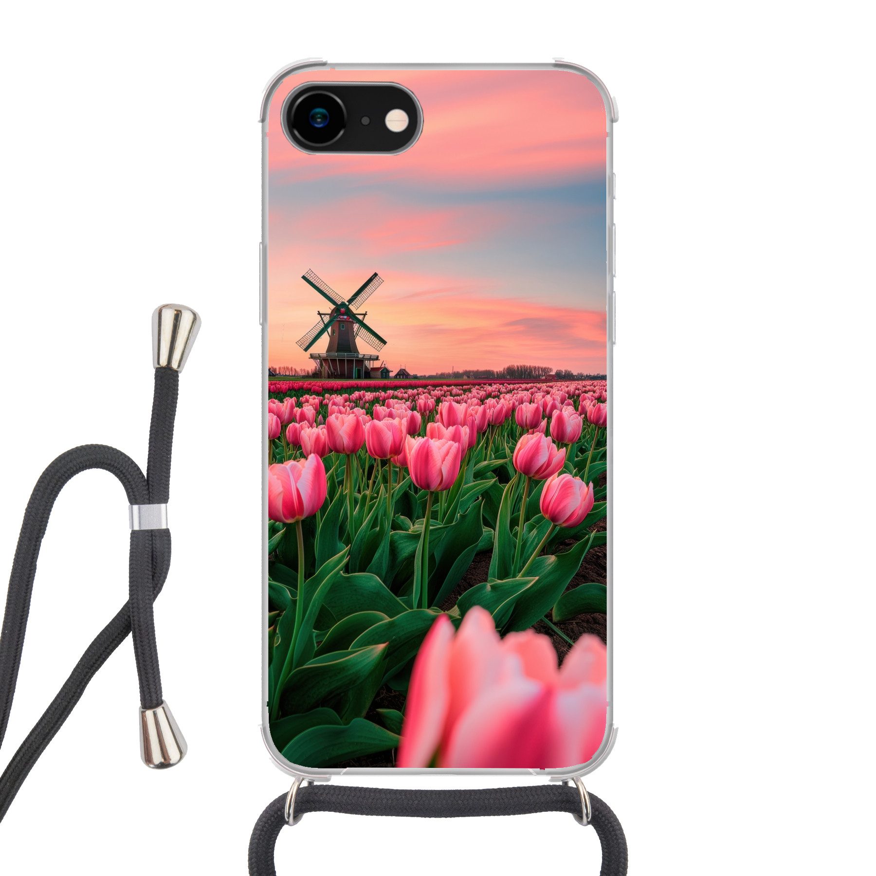 MuchoWow Handyhülle für Apple iPhone 8 Tulpen - Mühle - Niederlande, Tragbare Handyhüllen mit Kette zum umhängen, Handykette Handyband