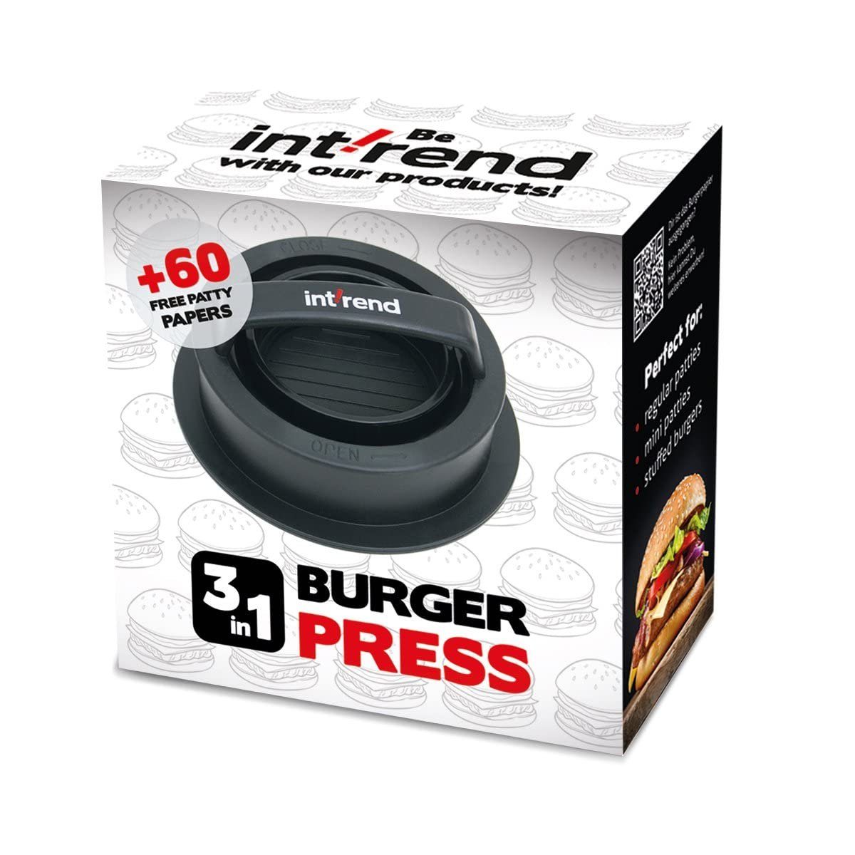Metall, mit 3-in-1 60 Backpapieren, 3 Burgerpresse 60 und Funktionen mit int!rend Backpapieren Burgerpresse Burgerpresse