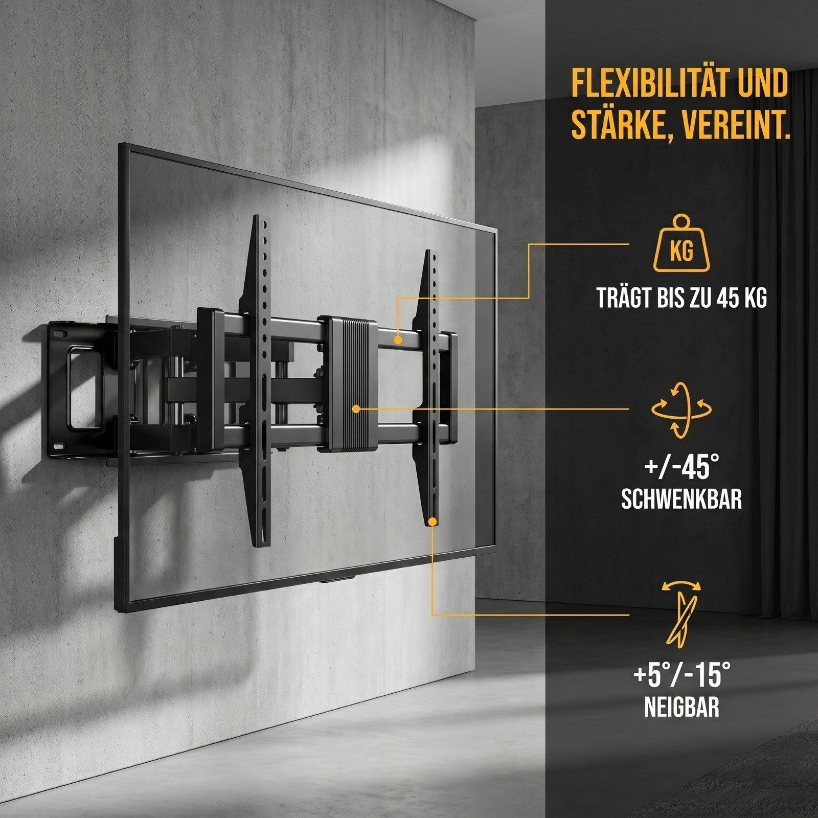 Alphamount TV-Wandhalterung schwenkbar neigbar, ausziehbar 386 mm, (bis 80 Zoll, bis 45 kg, VESA 200×100–600×400) – Bild 3 von 5