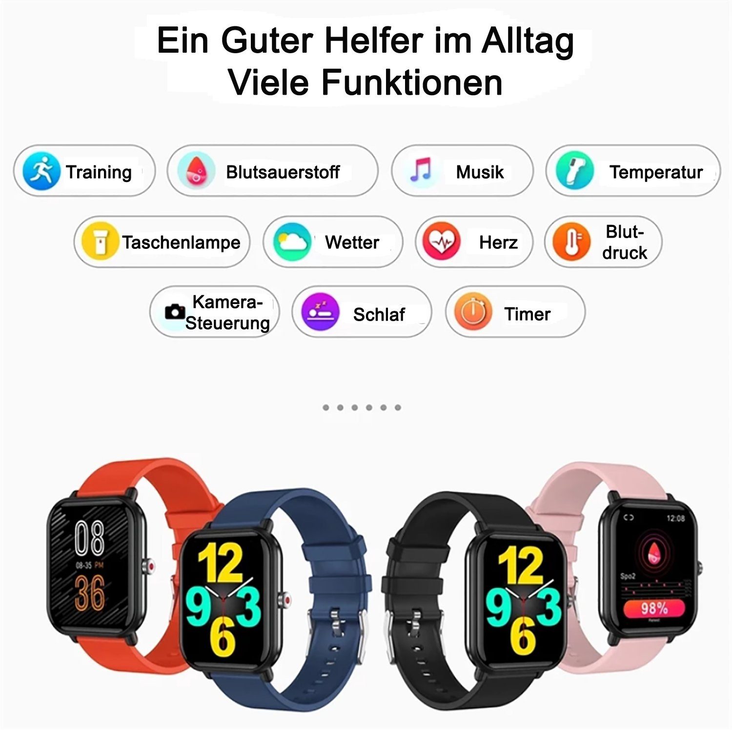 TPFNet SW15 mit Silikon Armband - individuelles Display Smartwatch (Android), EKG Armbanduhr mit Körpertemperatur Erkennung, Musiksteuerung, Schrittzähler, Kalorien, Social Media etc., Rosa