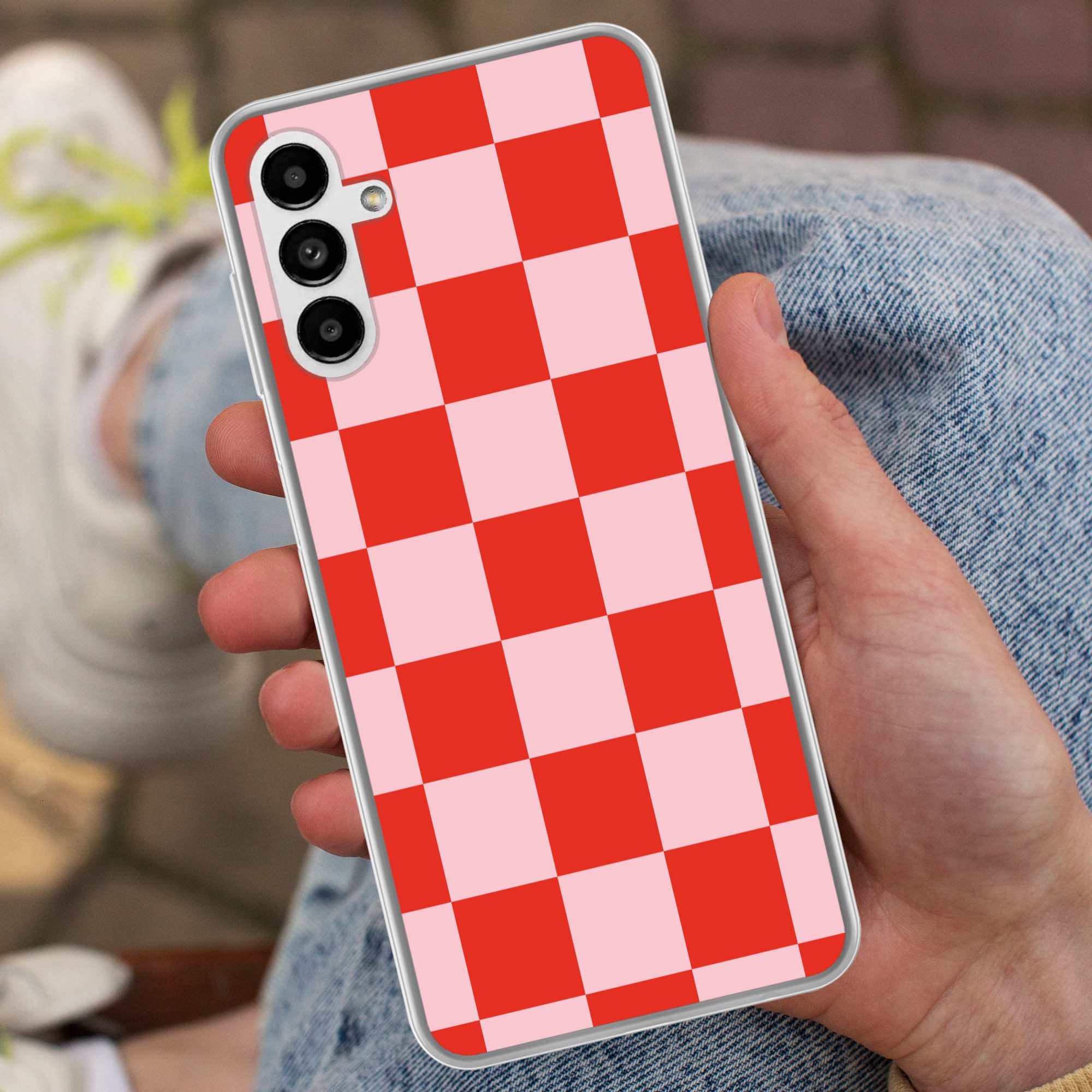 MuchoWow Handyhülle für Samsung Galaxy A04s Schachbrettmuster - Rot - Rosa - Würfel, Handy Case, Silikon, Bumper Case Dünn