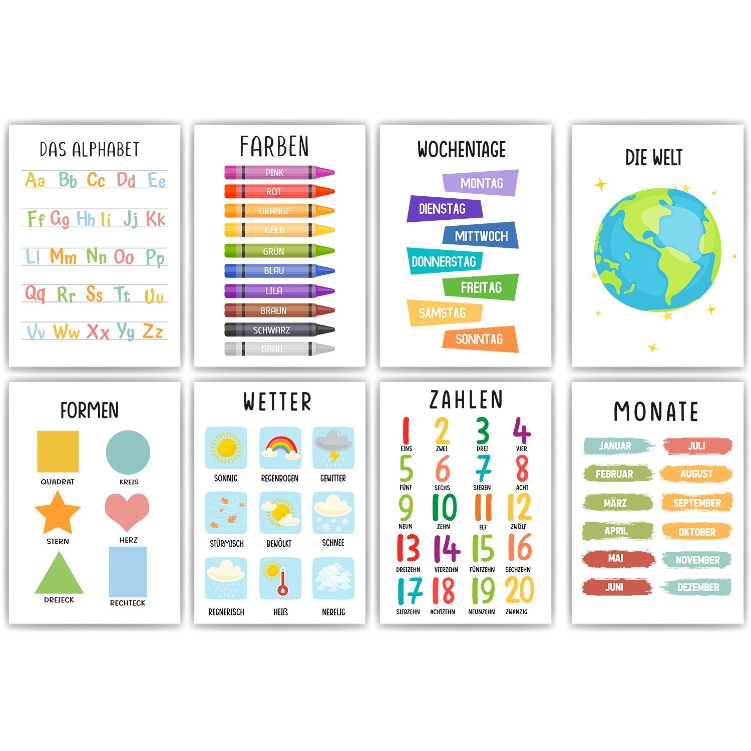 Tigerlino Poster 8er Set Alphabet Monate Wochentage Farben Welt Wetter Zahl günstig online kaufen