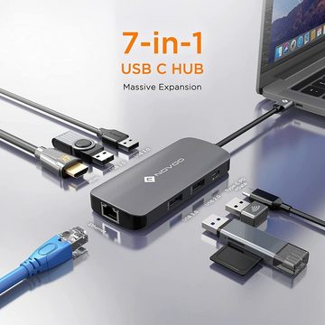NOVOO 7 in 1 Adapter für technische Geräte, Anschlusserweiterung für den PC USB-Adapter USB-C zu HDMI, USB-C Power Delivery, 3xUSB 3.0, USB 2.0 Mini-B, RJ45, Kompatibel mit Windows Laptop, Tablet, MacBook & Ipad