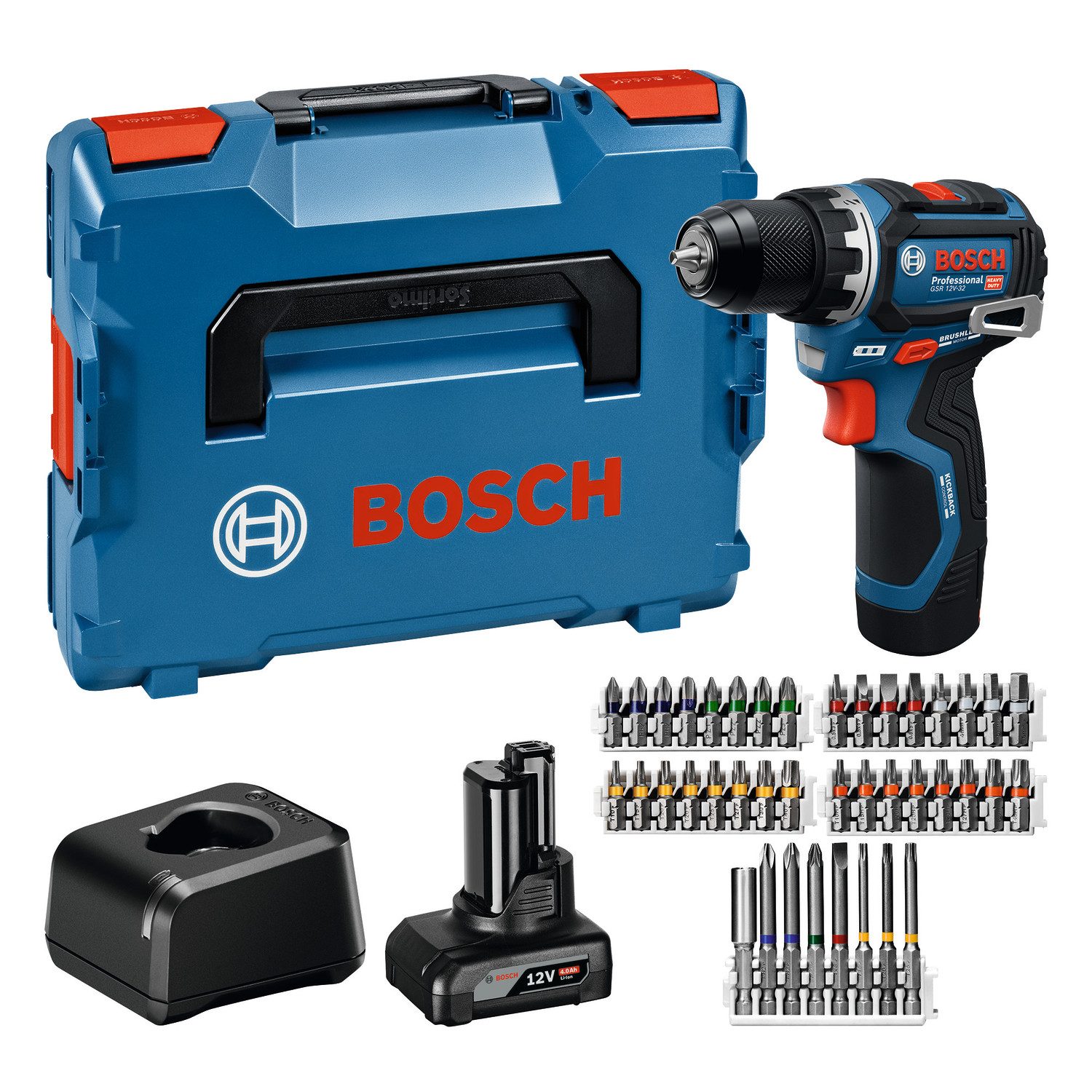 Bosch Professional Akku-Bohrschrauber GSR 12V-32, (Set), inkl. 2 Akkus, Ladegerät, 40-tlg. Zubehörset und L-BOXX