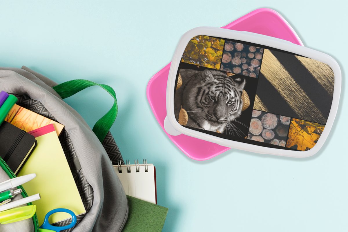 Brotdose rosa Holz Kunststoff MuchoWow Collage, (2-tlg), - - Lunchbox Snackbox, Gold Erwachsene, für Brotbox Kunststoff, Kinder, Mädchen, - Tiger