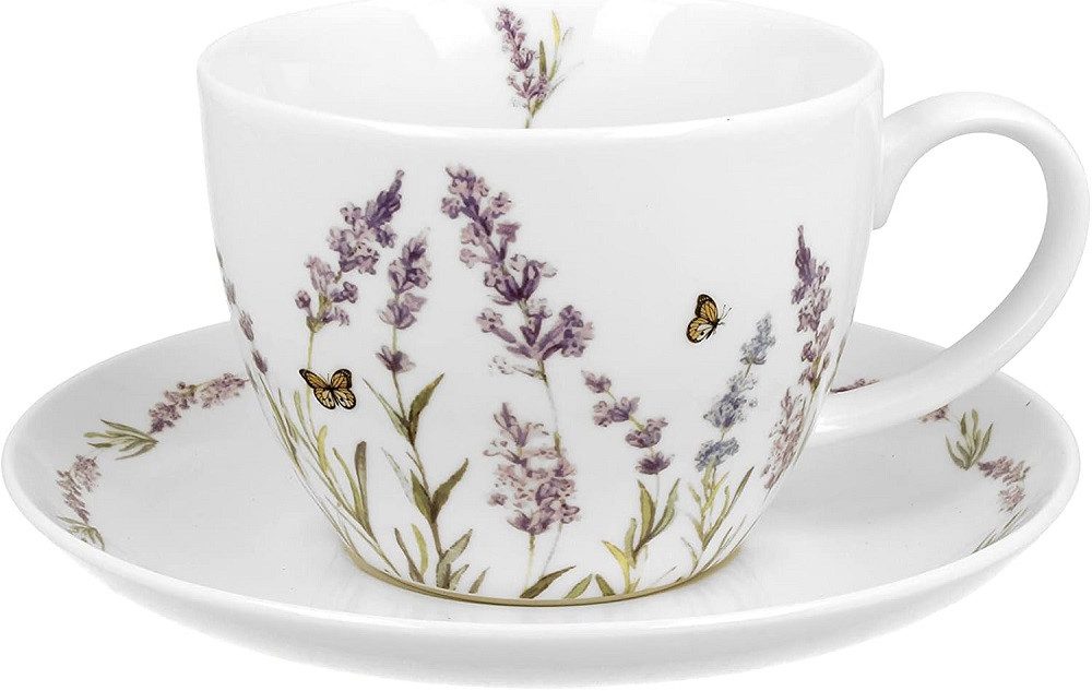 Duo-Gift Tasse Set ca. 450 ml Jumbotasse mit Untertasse Wildtere / Wildpflanzen, 2-tlg., Porzellan Set / Tasse Jumbo mit Untertasse Lavendelblüten / Lavendel PROVANCE, Souvenir BLumen Kollektion / Ideal als Geschenk
