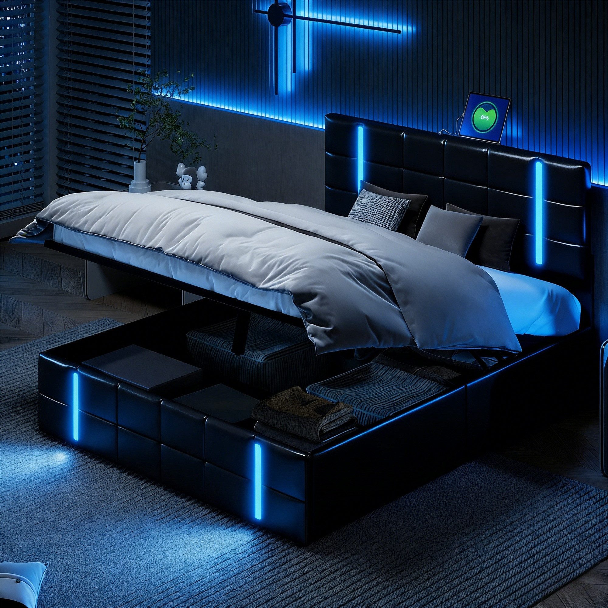 Gdood Polsterbett Doppelbett LED Stauraumbett (Hydraulisch anhebbarer Bettstauraum), Mit LED-Beleuchtung, USB & TYPE-C Anschlüsse, Kunstleder, 160x200 cm