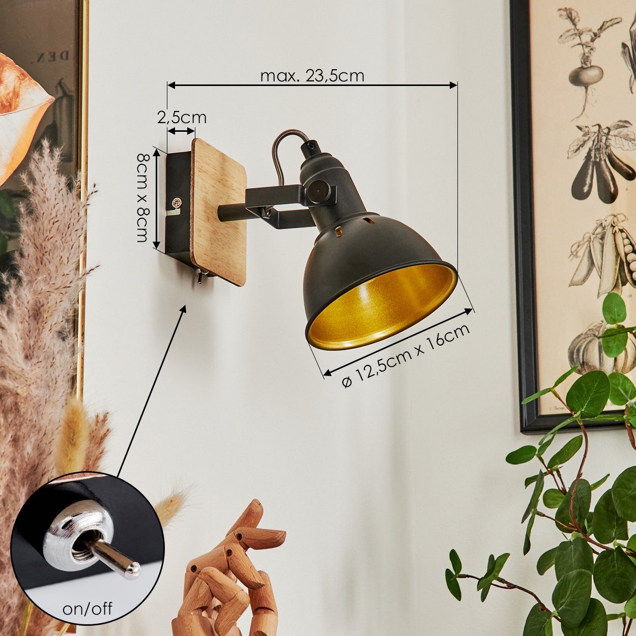 hofstein Wandleuchte »Arazane« Wandlampe aus Metall/Holz in Schwarz/Chrom/Gold/Hellbraun, ohne Leuchtmittel, verstellbar, Lichteffekt u. An-/Ausschalter, E14