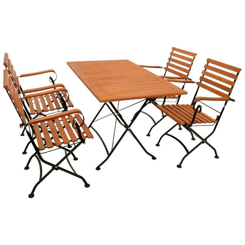 DEGAMO Garten-Essgruppe HOFGARTEN, (5-tlg), 4x Sessel, 1x Tisch eckig 70x120cm, Stahl schwarz, Eukalyptus