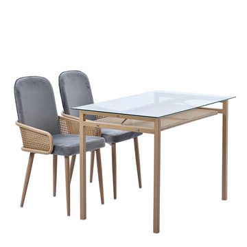 Celya Essgruppe Esszimmertisch und Stuhlset,Esstisch und 4 Stühle (5-tlg), (Set, Tisch mit 4 Stuhlen), Tischplatte aus gehärtetem Glas,Samt-Esszimmerstühle