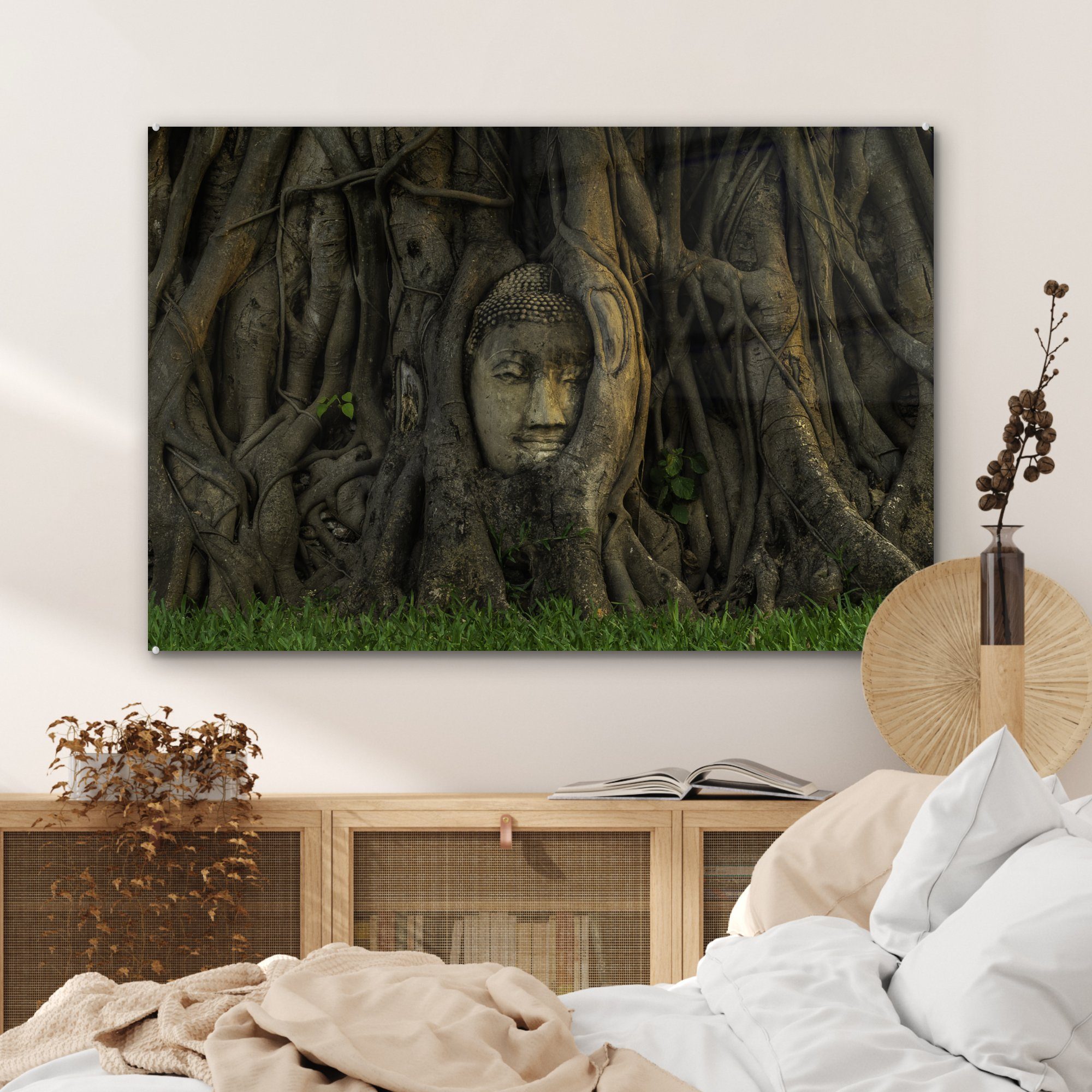 (1 Schlafzimmer Wohnzimmer MuchoWow überwuchert, Bäumen Buddha-Statue & Acrylglasbild Acrylglasbilder von St),