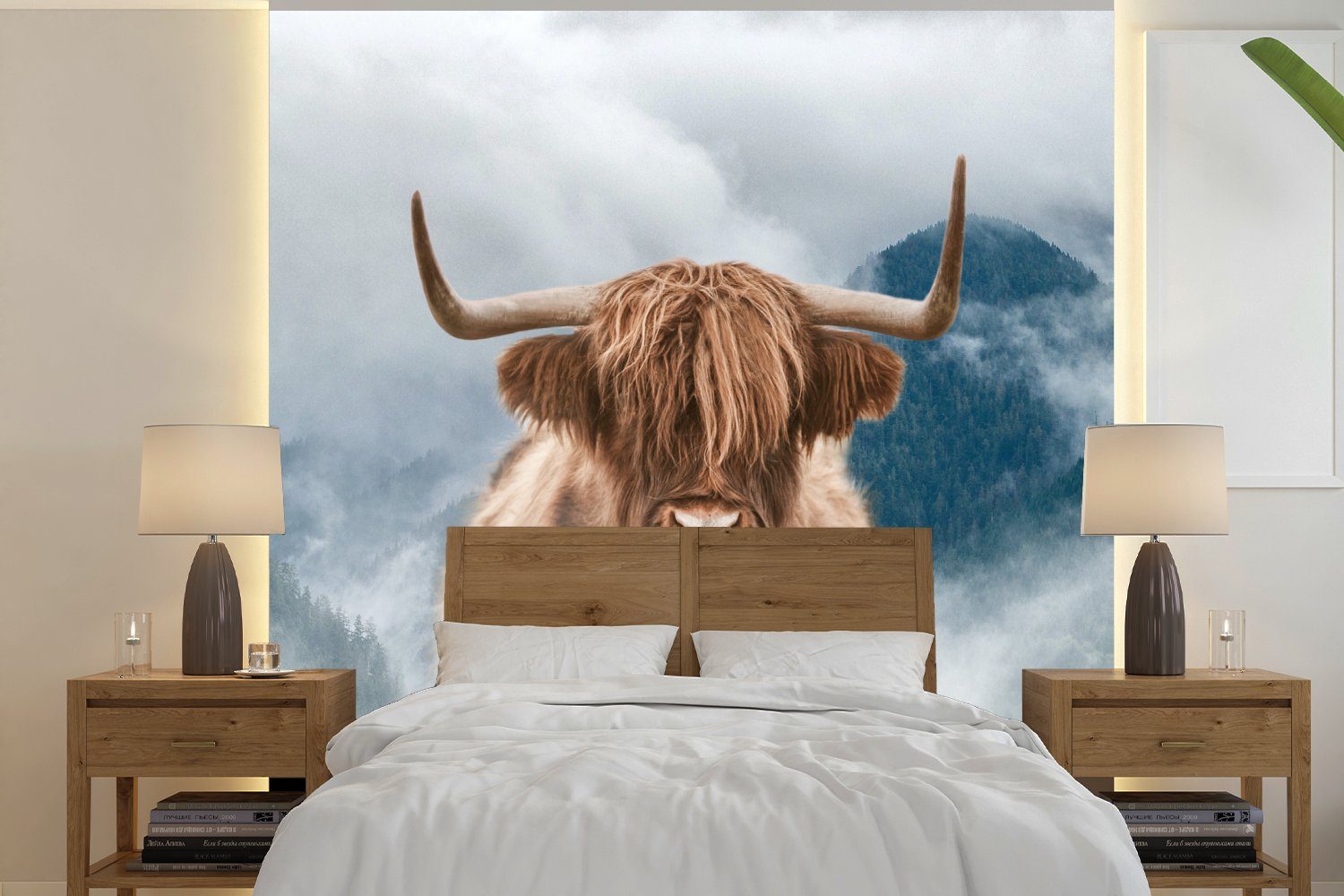 MuchoWow Fototapete Schottischer Highlander - Nebel - Berg, Matt, bedruckt, (4 St), Vliestapete für Wohnzimmer Schlafzimmer Küche, Fototapete