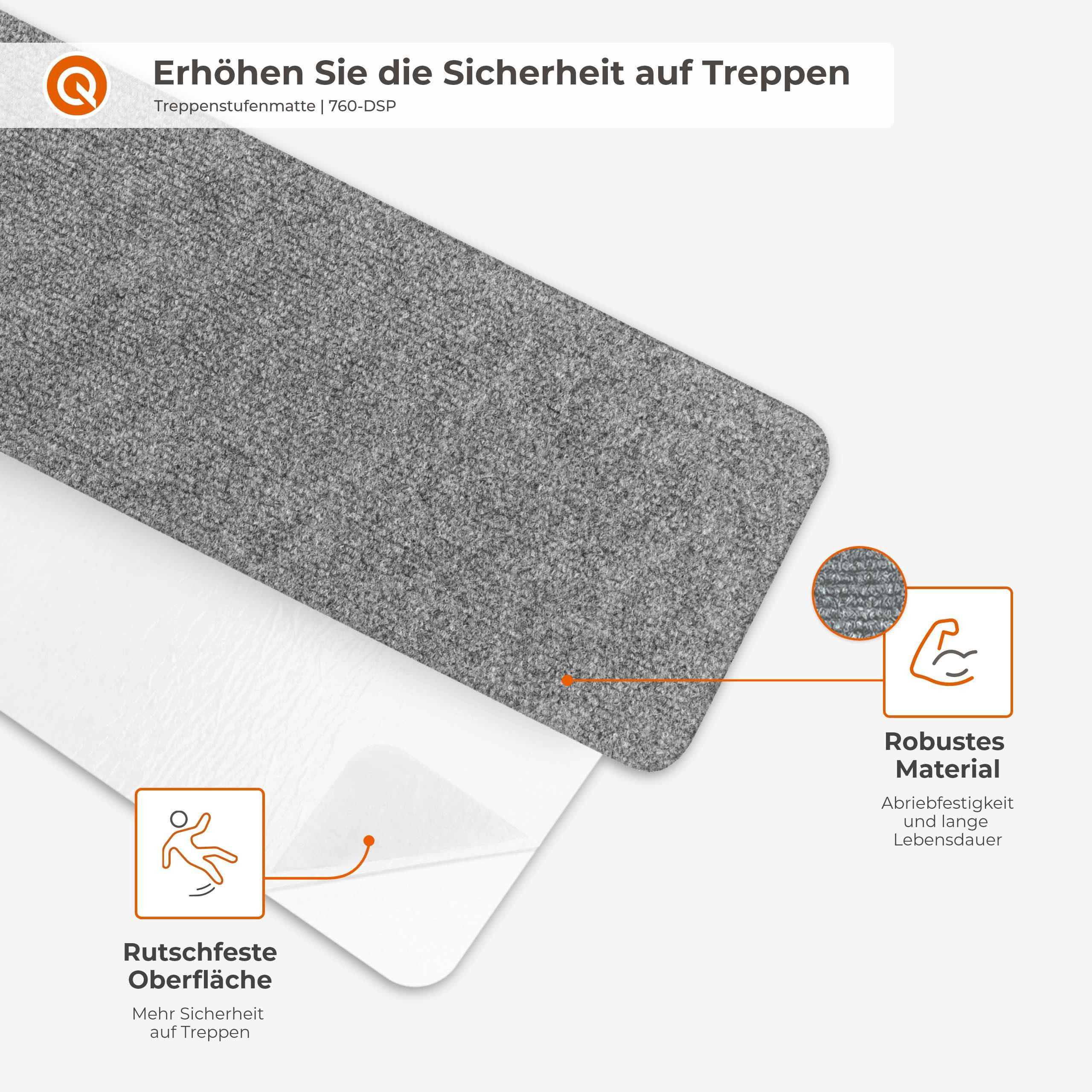 Quest Stufenmatte Treppenstufenmatte selbstklebend 76 x 20 cm, rechteckig, selbstklebend, rutschfest, 76 x 20 cm, 15 Stück – Bild 4 von 5