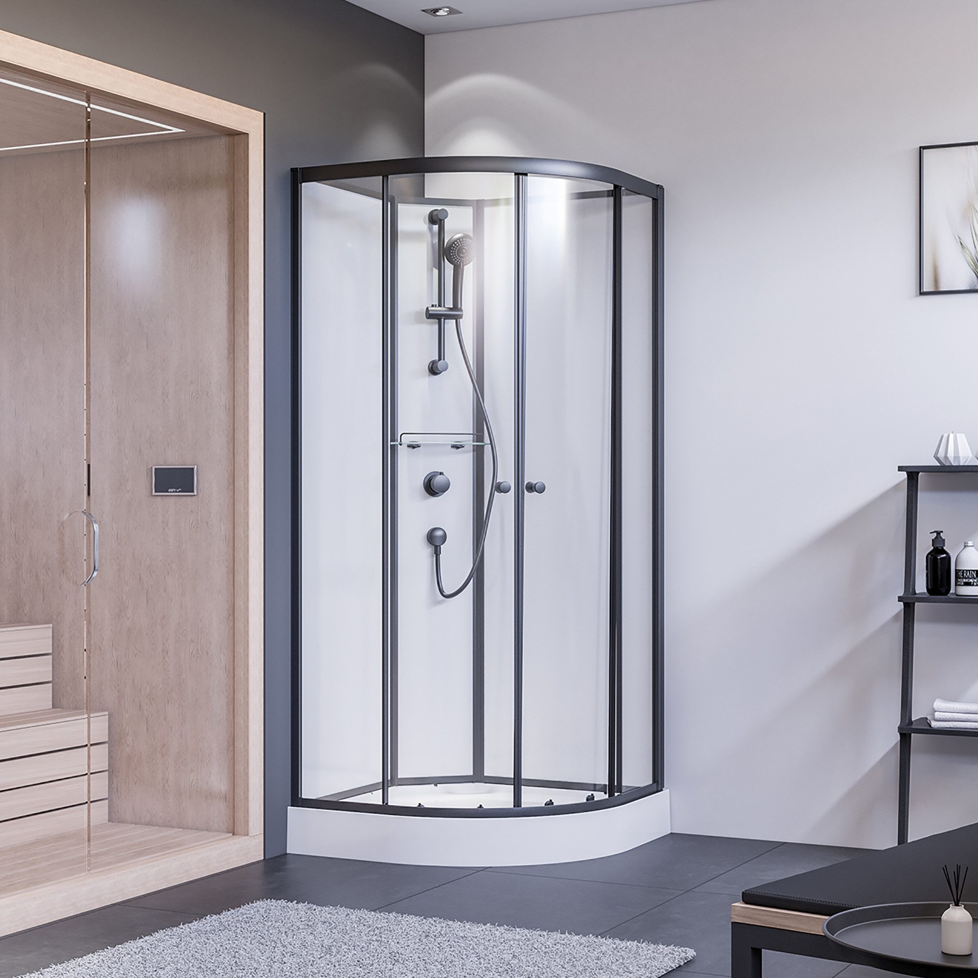 BREUER Eckdusche Komplett-Runddusche mit Schiebetür schwarz matt Klarglas