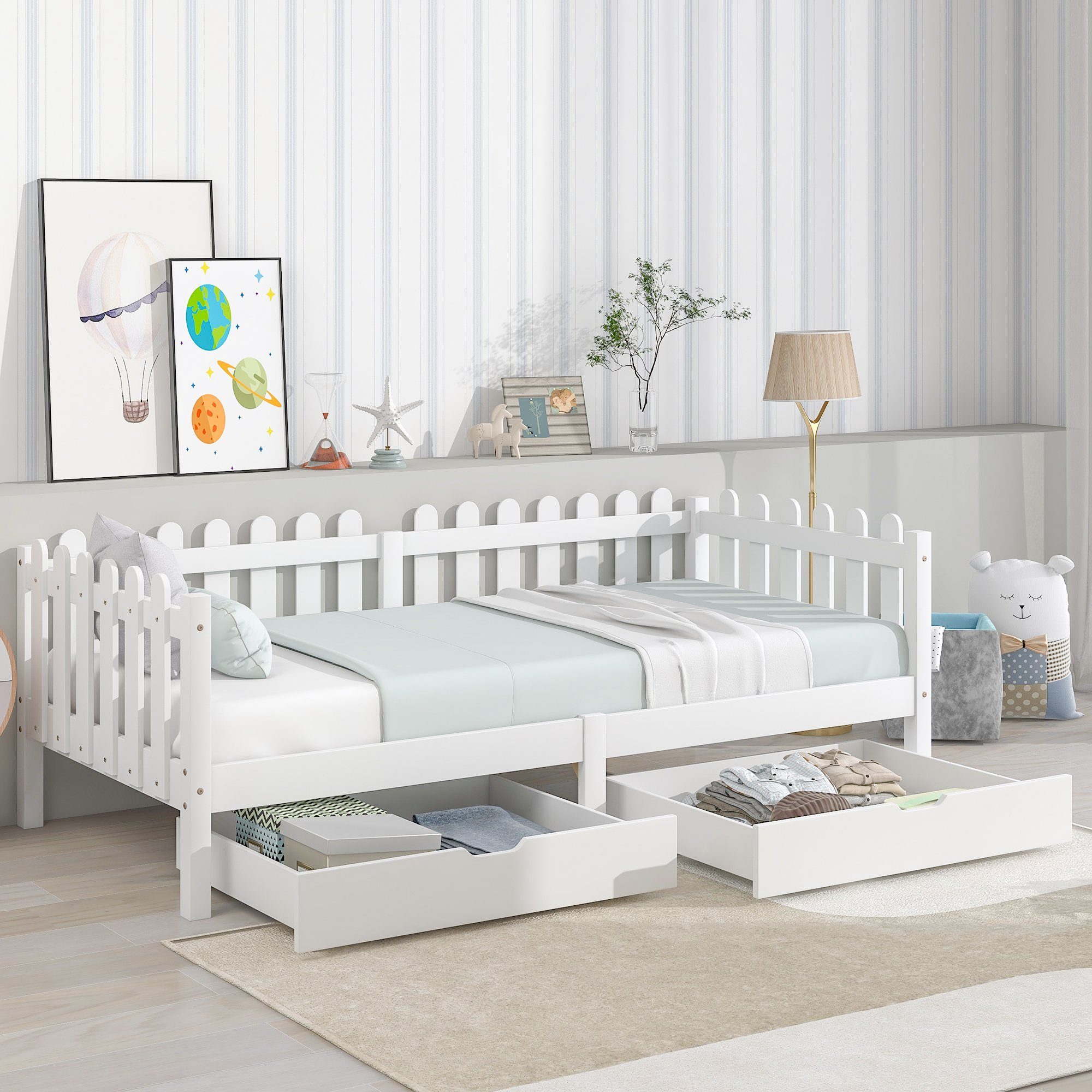 Daybett (1 tlg), Einzelbett Tagesbett Kinderbett mit Rausfallschutz, 2 MDF Schubladen und Lattenrost, Kiefernholz, Bett 200x90cm