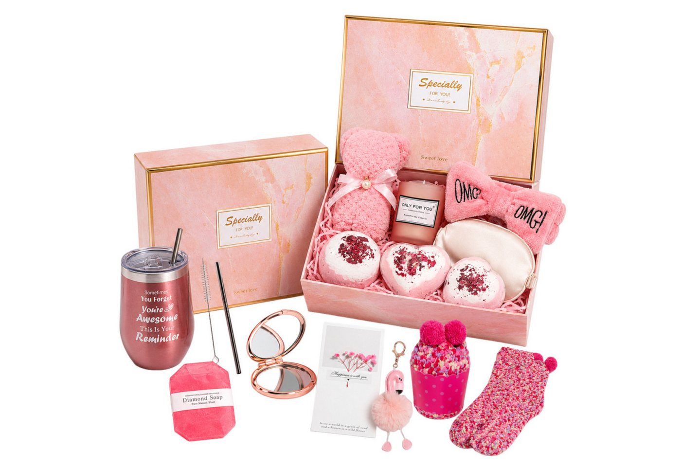Fyrove Pflege-Geschenkset für Frauen Geburtstagsgeschenk, Valentinstag, Weihnachten Rosa Wellness Geschenkbox mit Thermobecher, Badebomben, Duftkerze, Schlafmaske & Accessoires – Geschenk für Frauen, Freundin, Mama, 13-tlg.