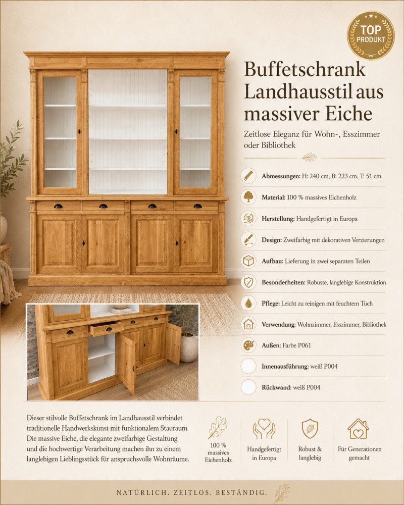 Wohnpalast Buffet Massive Eichenholz Glasvitrine – Zweifarbiges Design 240 cm