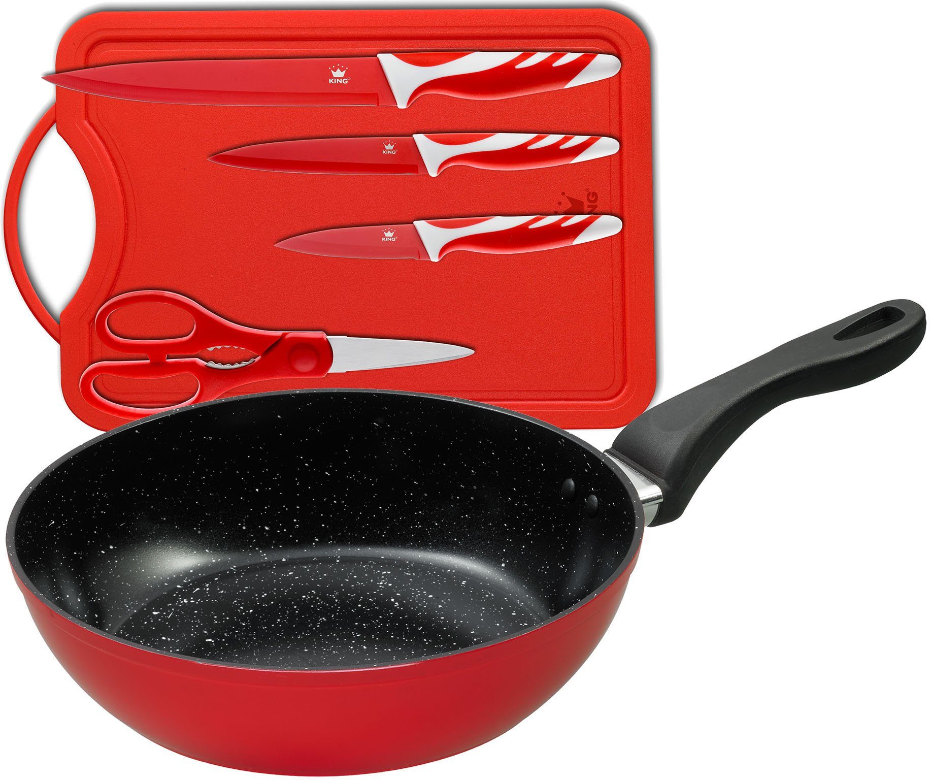 KING Bratpfanne, Aluminium (Set, 6-tlg., 1 Pfanne, 3 Messer, 1 Schere, 1 Schneidebrett), Ø 28 cm, formstabiler Thermoboden, Induktion, Keramikbeschichtung