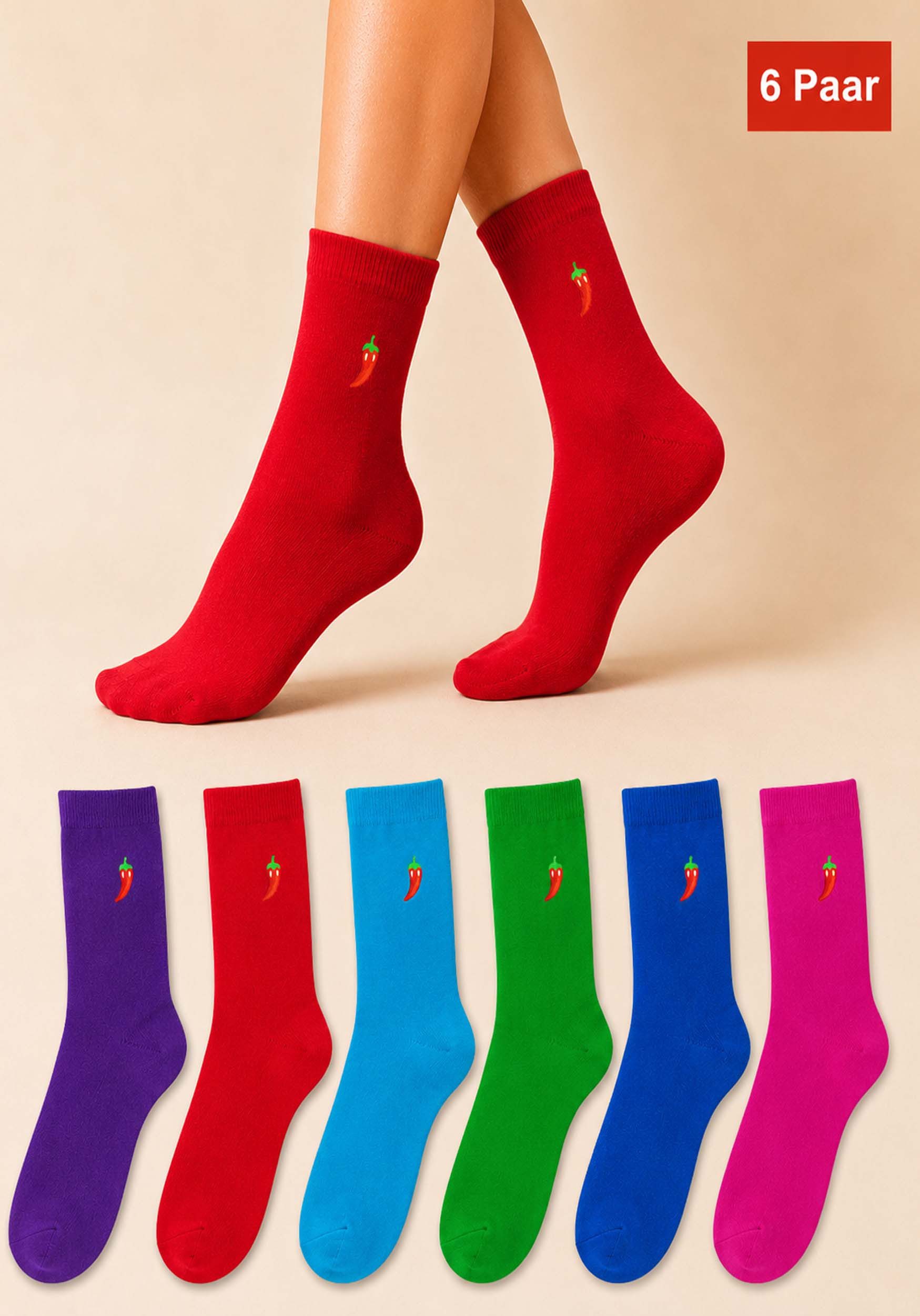 Chili Lifestyle Freizeitsocken Chili Lifestyle Rainbow Geschenkbox 6 Paar Socken Baumwolle Weichbund (Multipack, 6-Paar, Geschenkset 6 Farben - Baumwollsocken mit Weichbund ohne Gummidruck) Geburtstagsgeschenk für Damen und Herren in exklusiver Geschenkbox